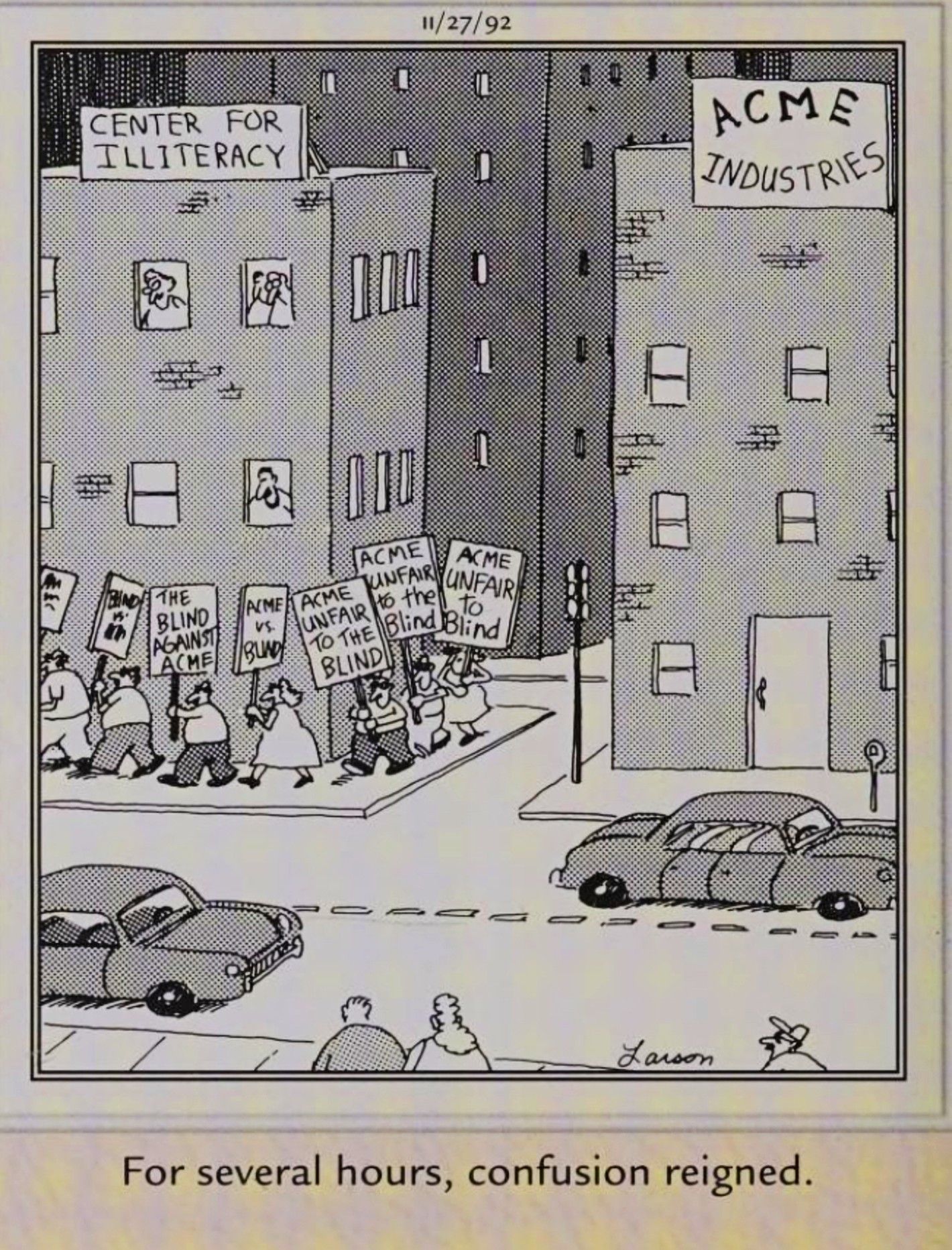 Far Side, November 27, 1993, people picketing the wrong building