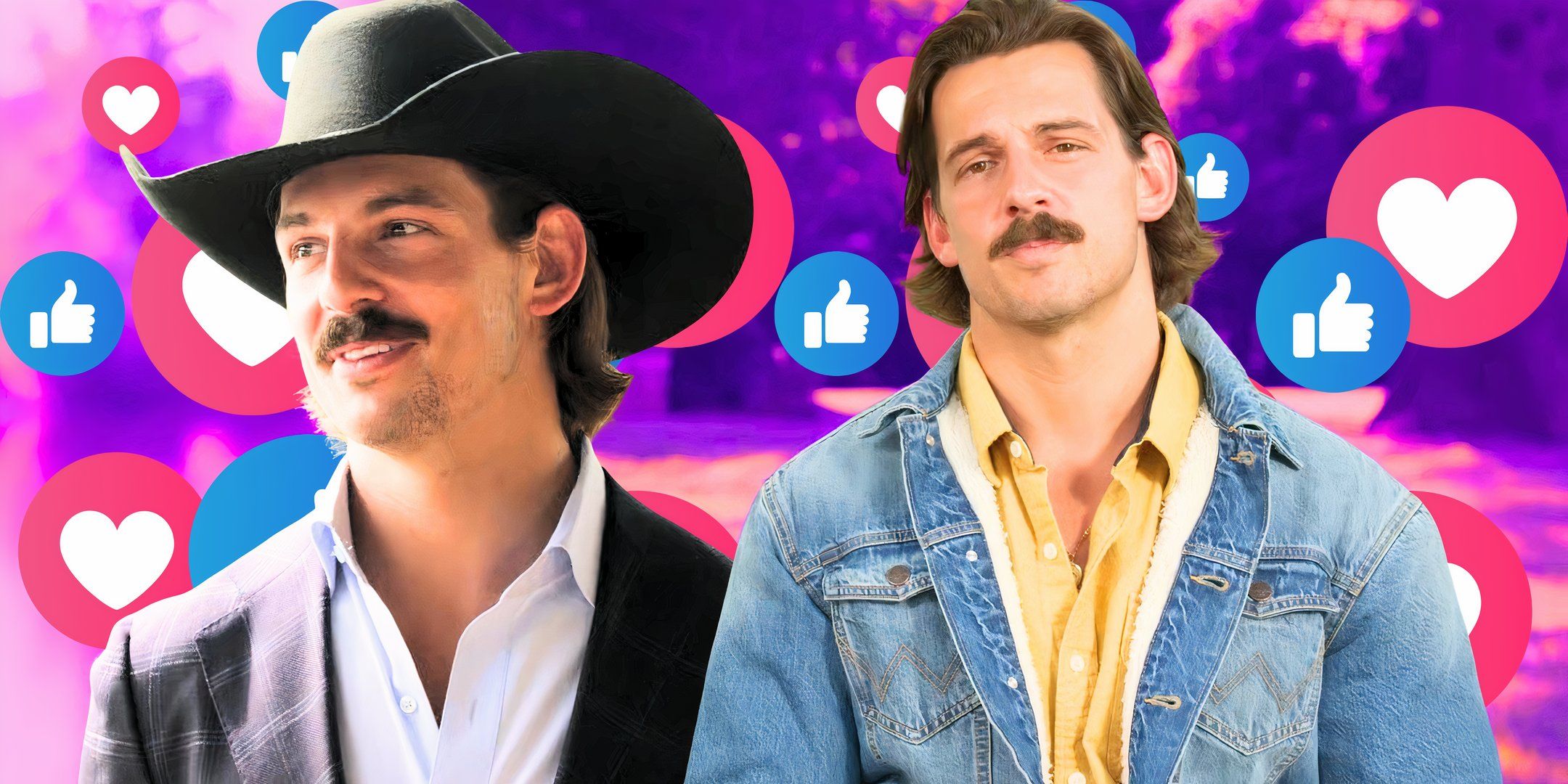 Farmer Wants A Wife Season 3 star John Sansone in two poses with him in cowboy hat and denim jacket and like emoji