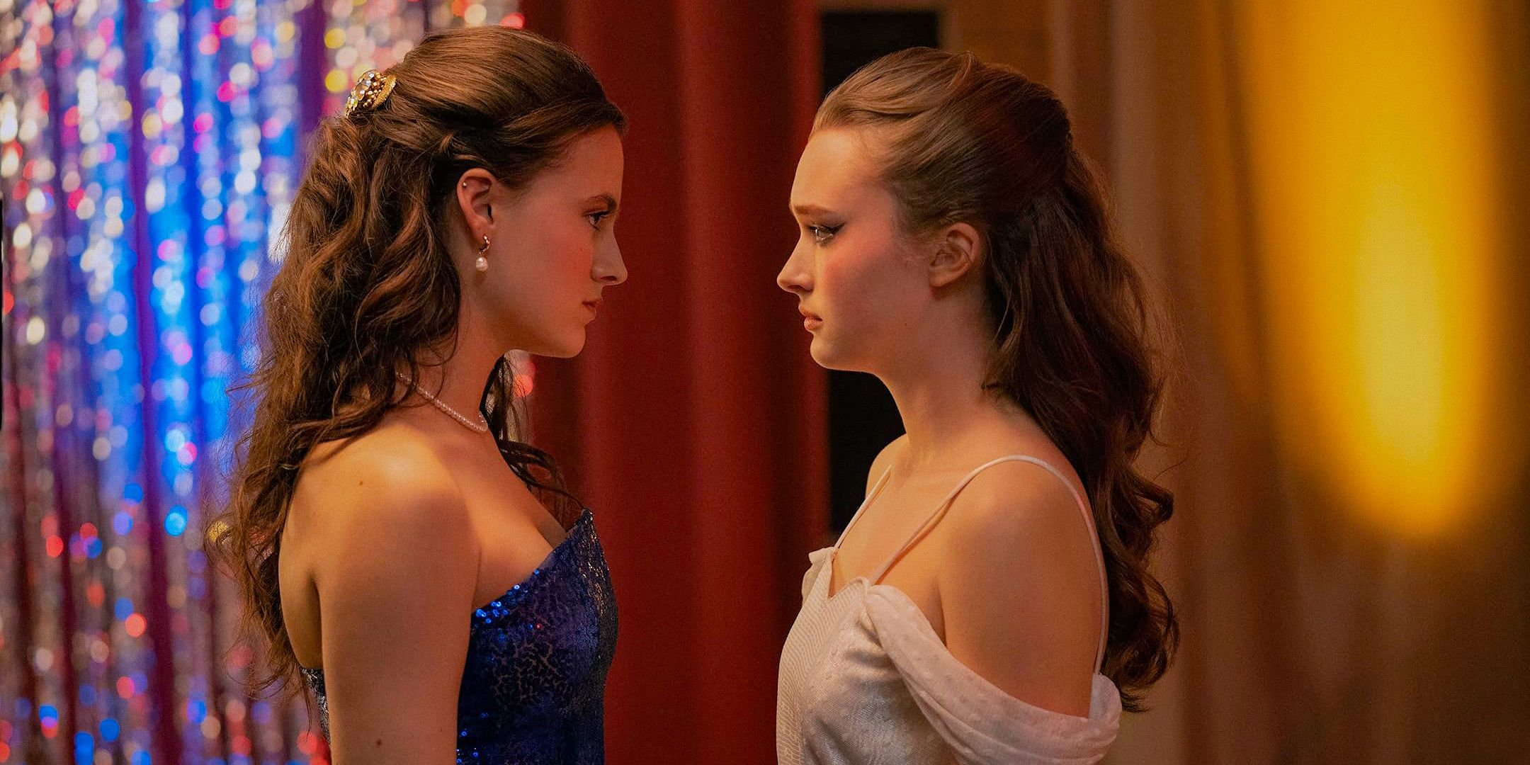 Fina Strazza's Tiffany and India Fowler's Lori having a tense stand-off at prom in Fear Street: Prom Queen