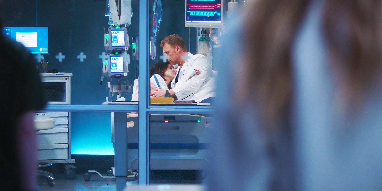 Floriana Lima as Nora Young, Kevin McKidd as Owen Hunt and Kim Raver as Teddy Altman in Grey's Anatomy season 21, episode 17