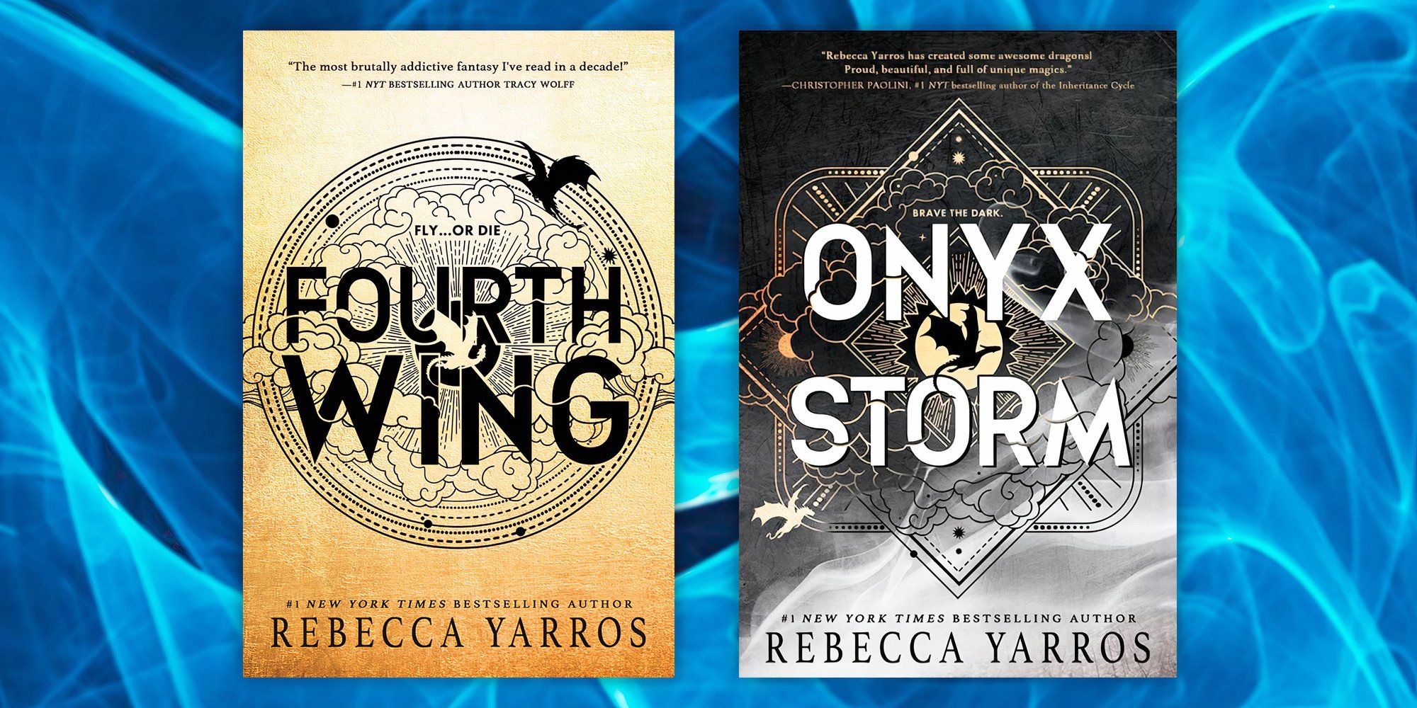 Fourth Wing and Onyx Storm by Rebecca Yarros book covers