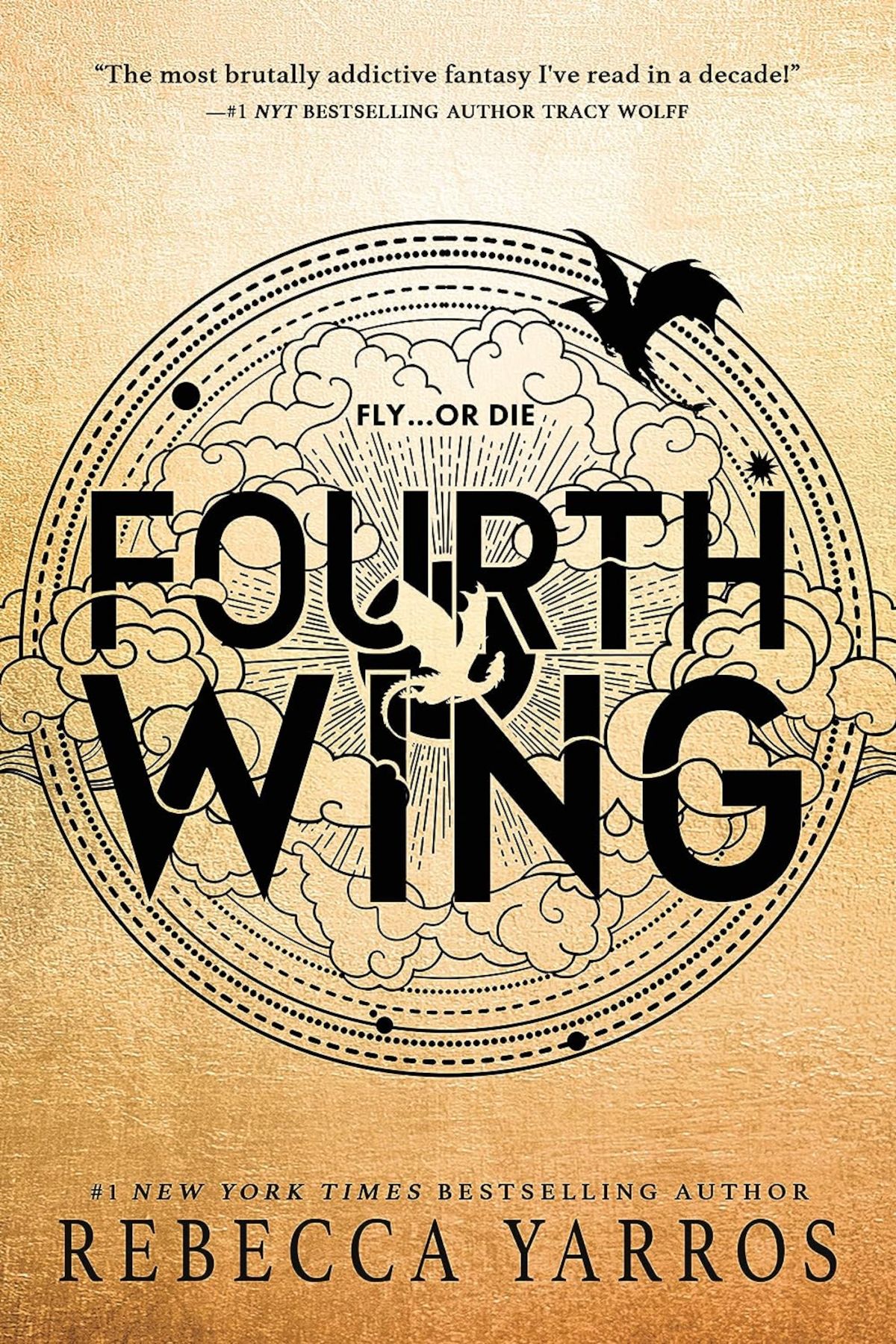 Fourth Wing cover featuring a gold background, the title text in black, and the silhouette of a dragon