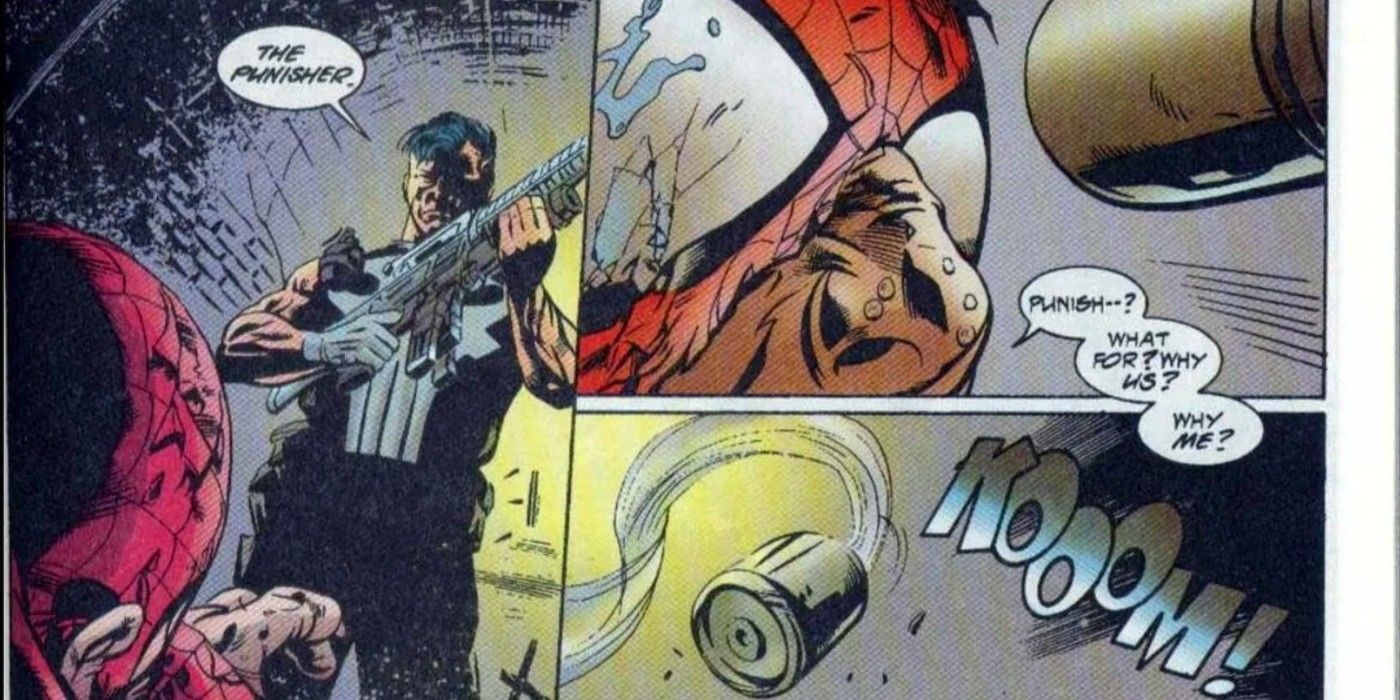 Frank Castle fires a bullet through Spider-Man's head in The Punisher Kills the Marvel Universe