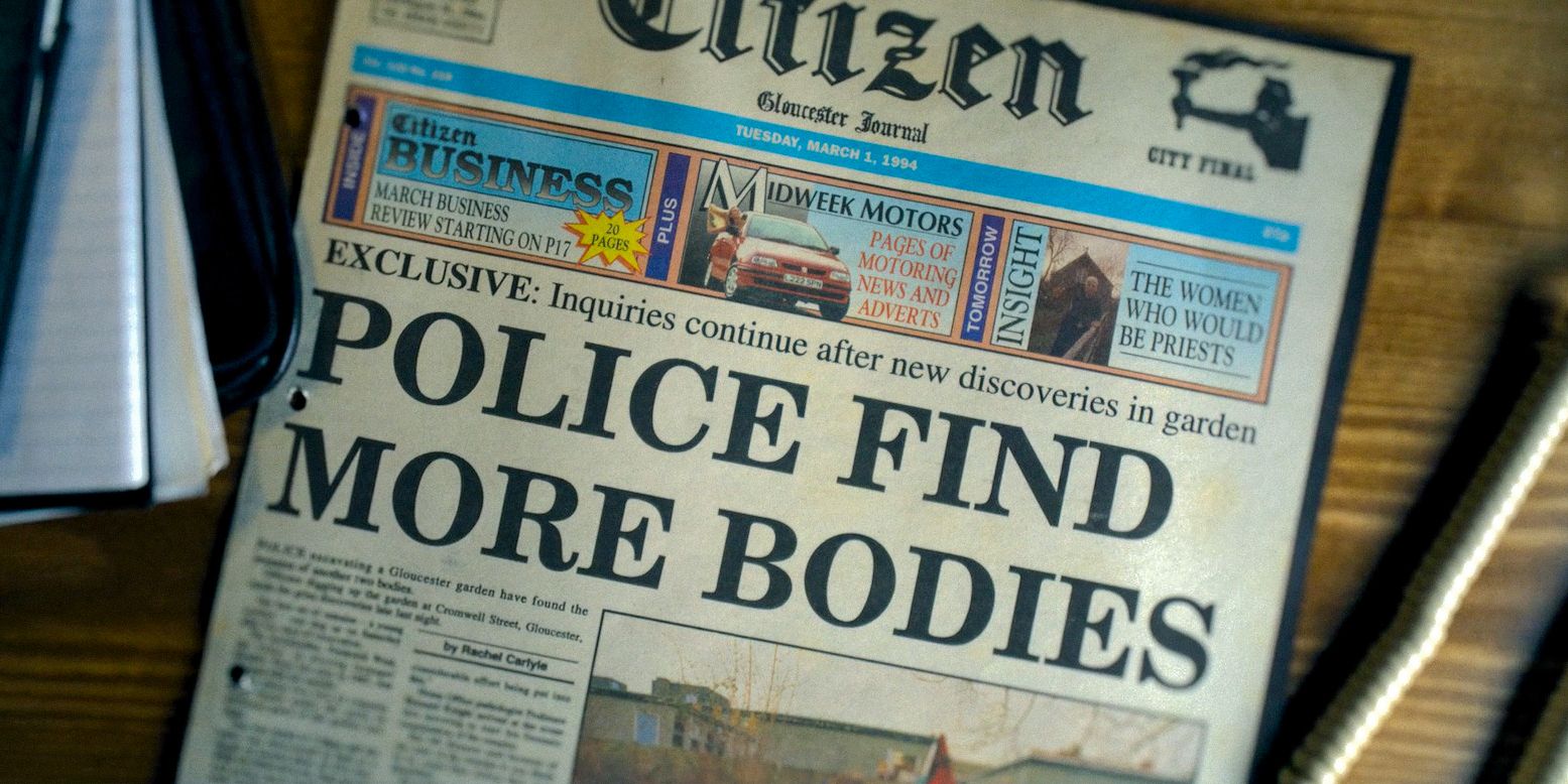 Newspaper with the news about the murders in Fred and Rose West- A British Horror Story Limited Series Season 1 Ep 1