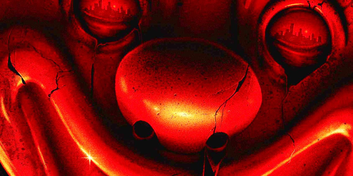 Frendo's face lit in red on the book cover for Clown in a Cornfield 2 Frendo Lives