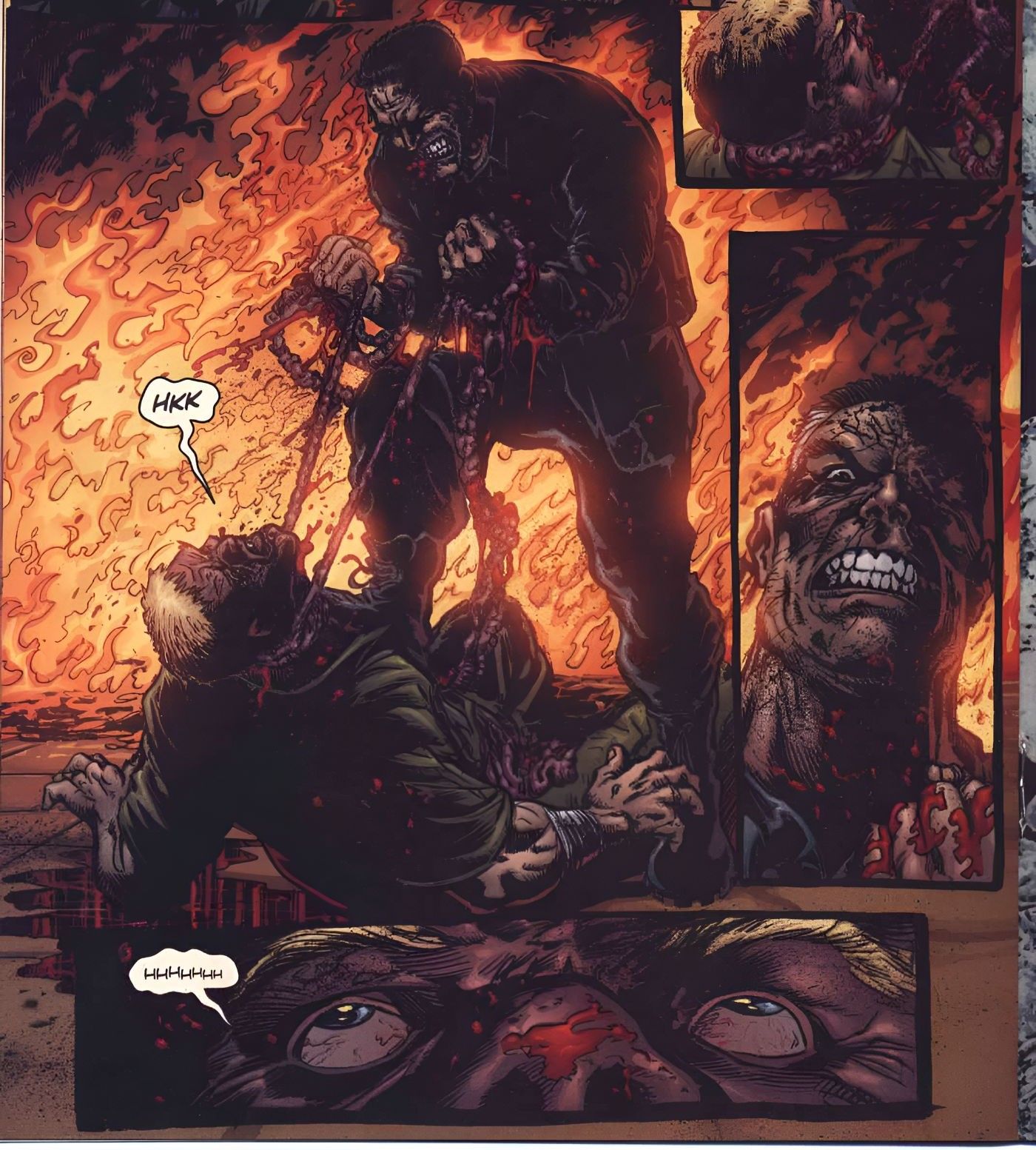 Nick Fury Sr strangles a man with his intestines.