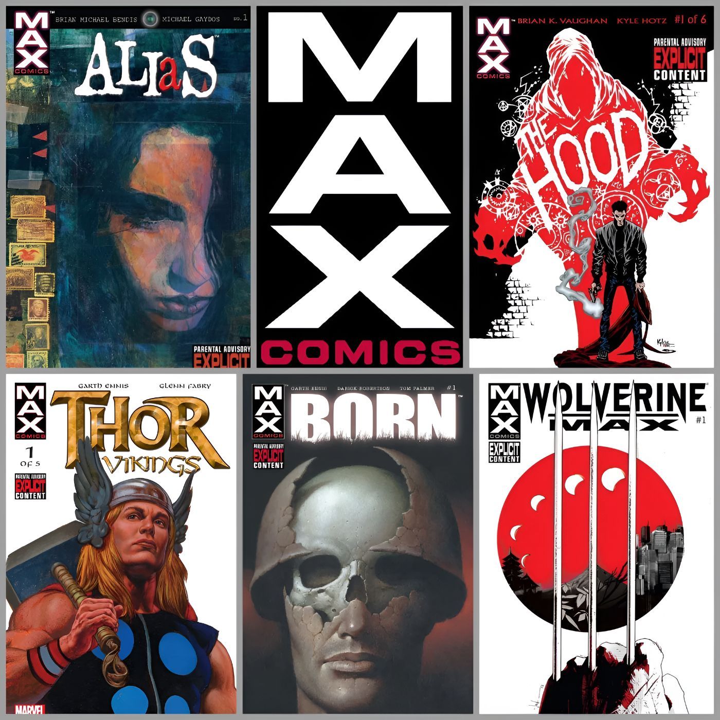 Marvel MAX logo and covers for different Marvel MAX series