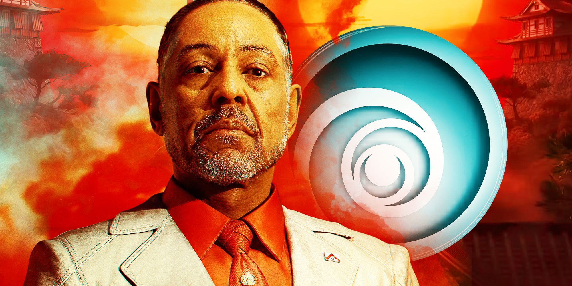 Giancarlo Esposito in Far Cry 6 with ubisoft logo and imagery In Assassin's Creed Shadows