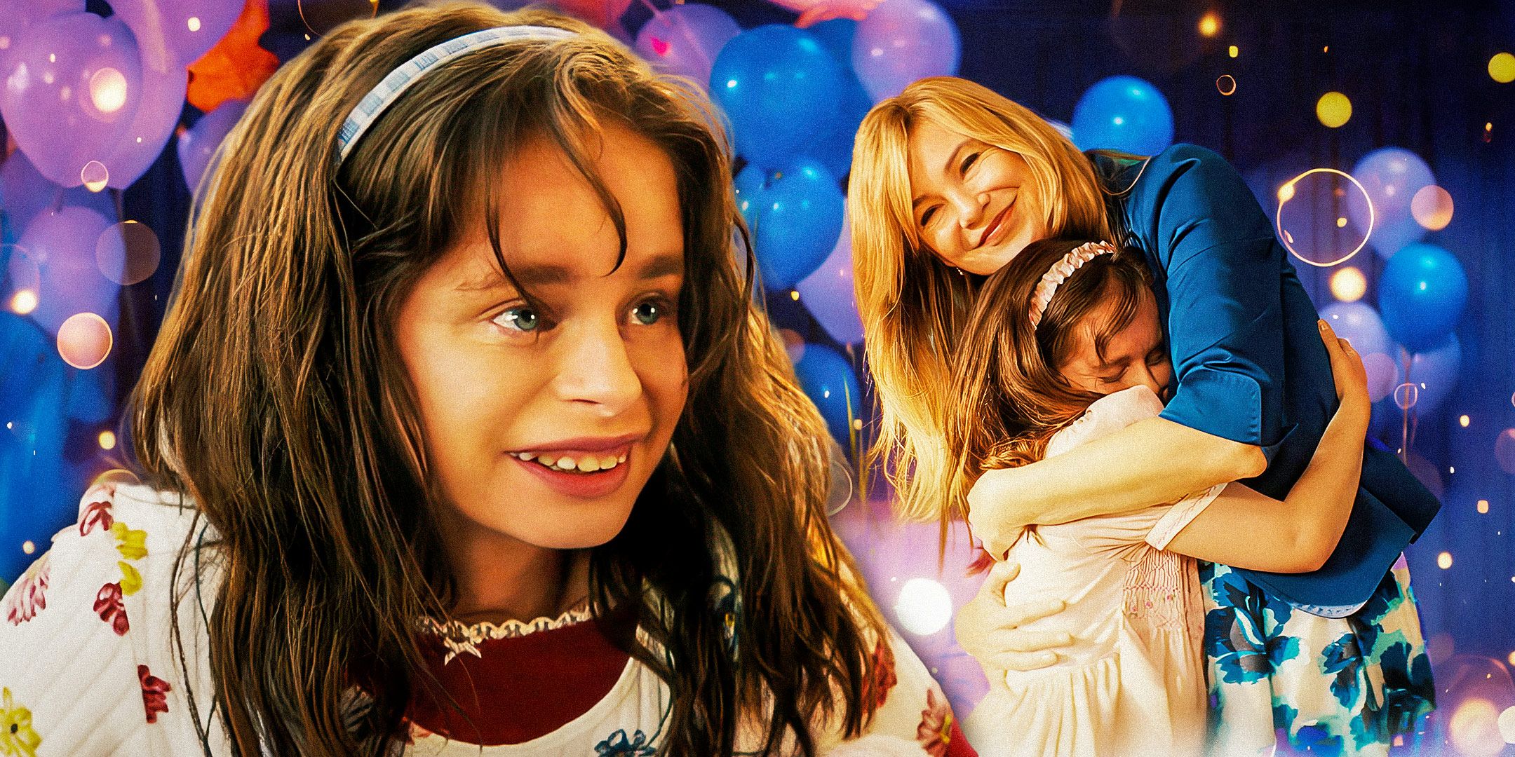 Natalia Grace (Imogen Faith Reid) and Kristine Barnett (Ellen Pompeo) hugging her against a bubbly purple and blue background in Good American Family