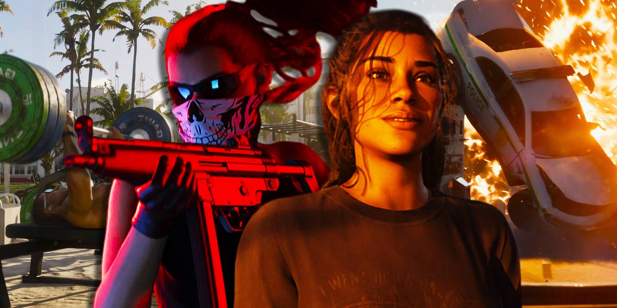 Lucia smiling next to Lucia holding a gun in Grand Theft Auto 6.