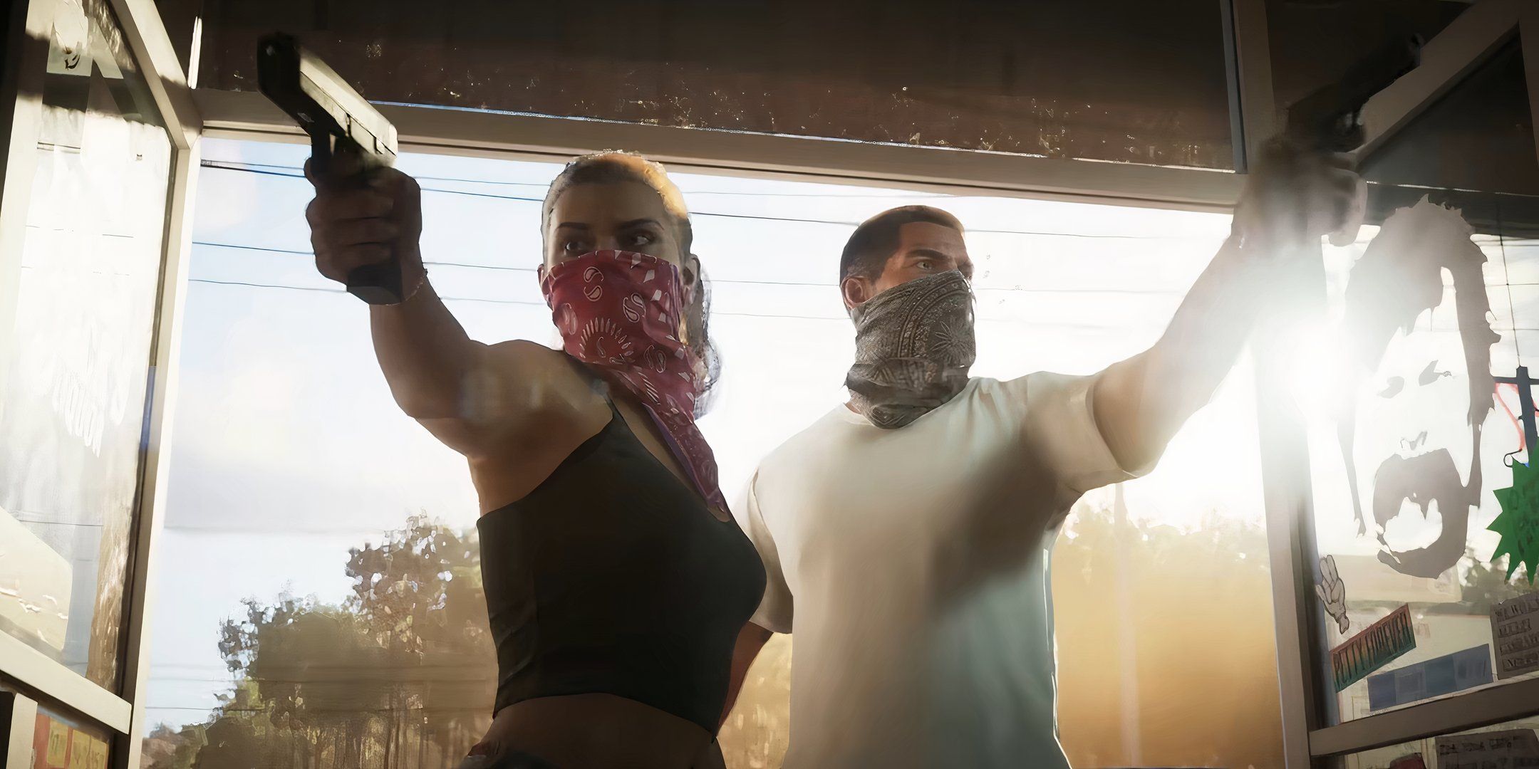 Lucia e Jason com pistolas roubando uma loja no GTA 6.
