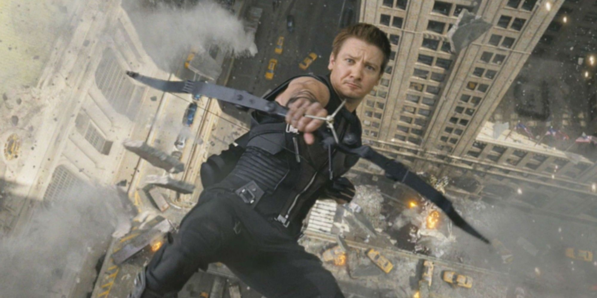 Jeremy Renner as Hawkeye jumping off a rooftop in The Avengers