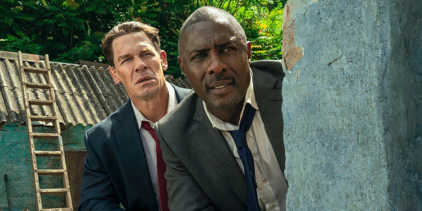 Heads of State John Cena Idris Elba peek from behind a corner