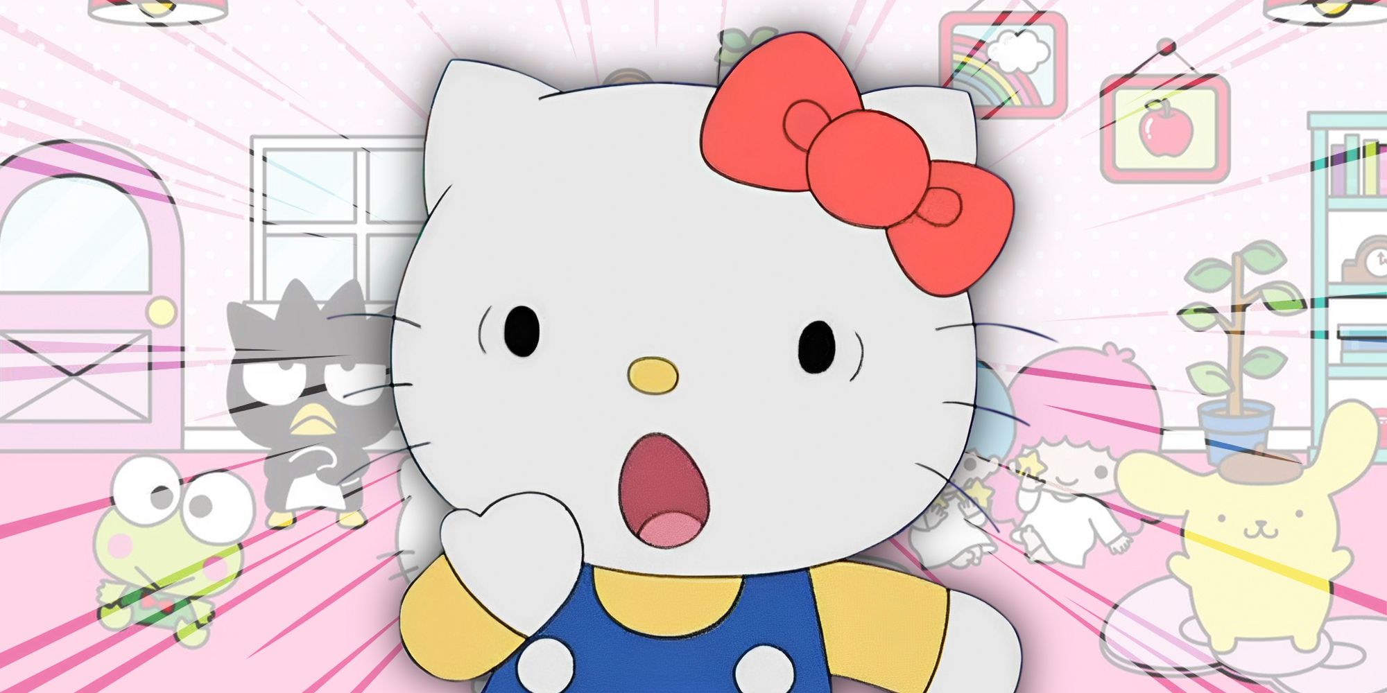 Hello Kitty looking shockd and Sanrio characters in the background