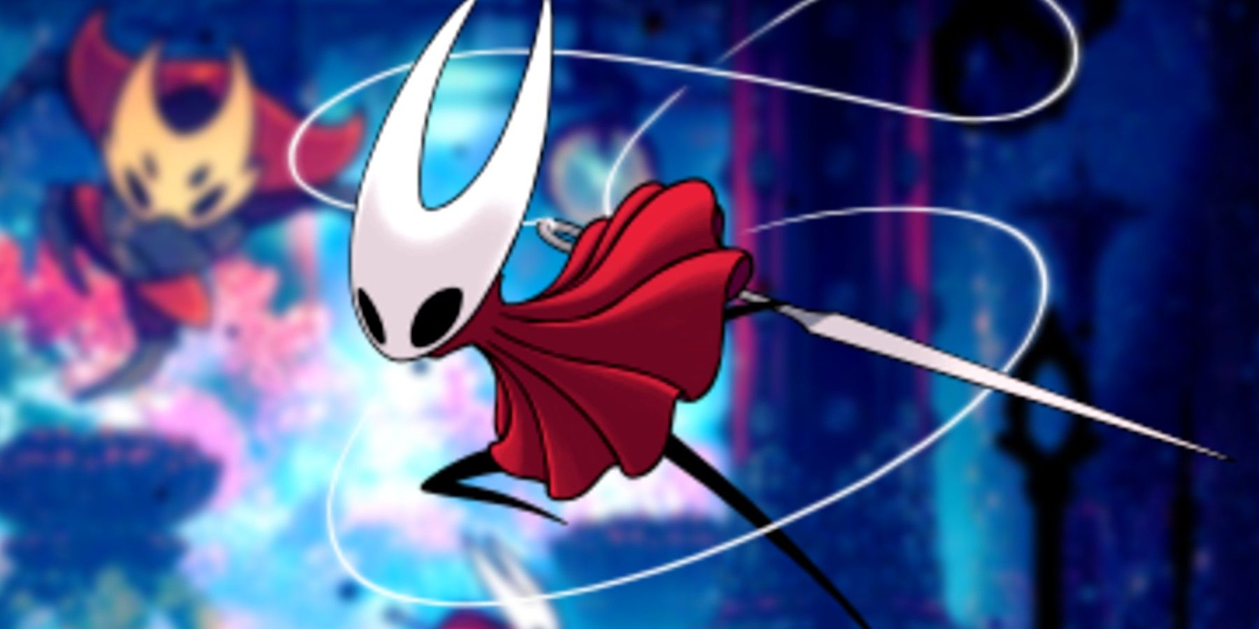 Hollow Knight Silksong Hornet siap untuk menyerang dengan tangkapan layar dari permainan di belakangnya