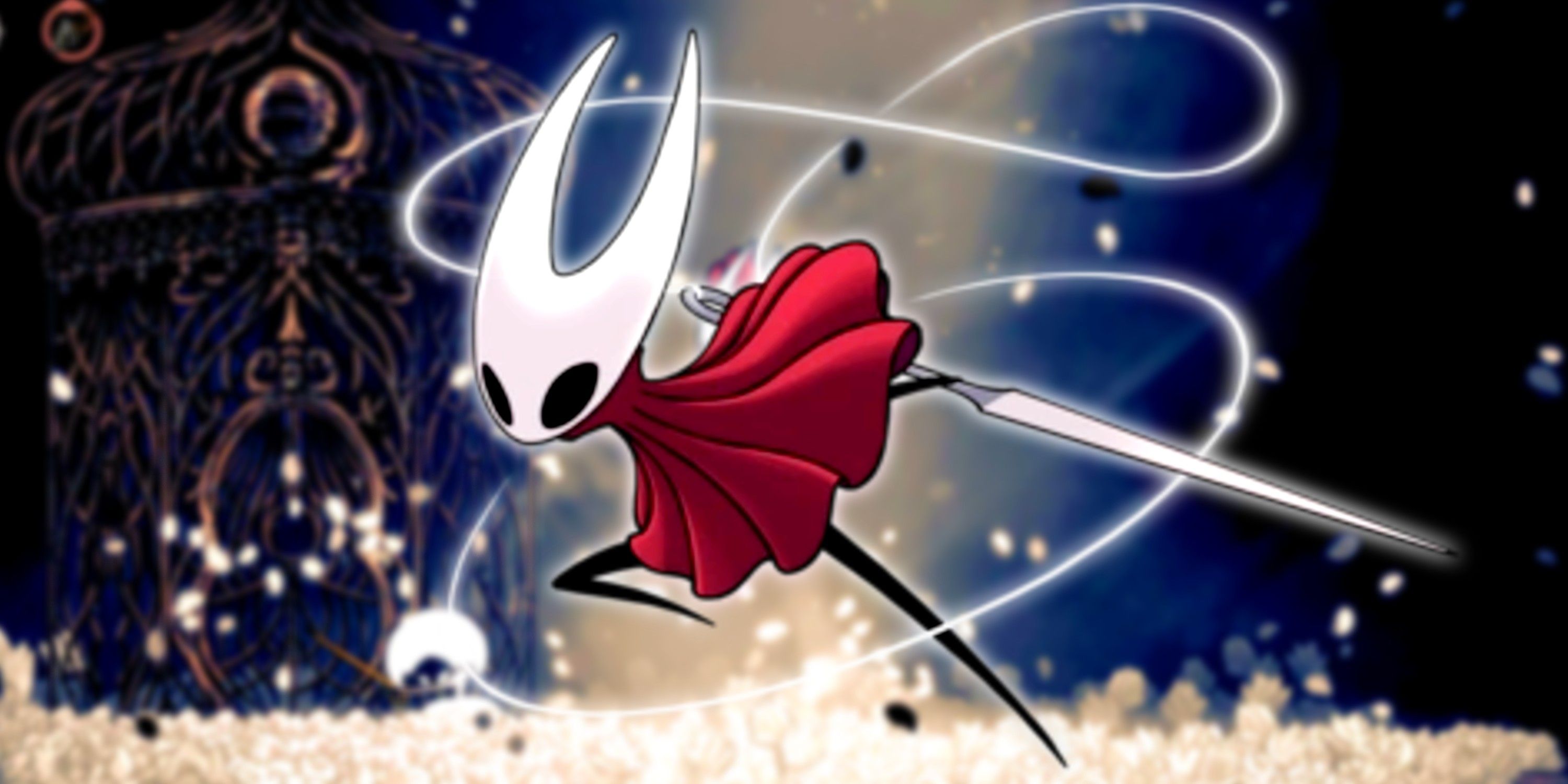 hollow knight silksong hornet posing in front of a new screenshot from the game