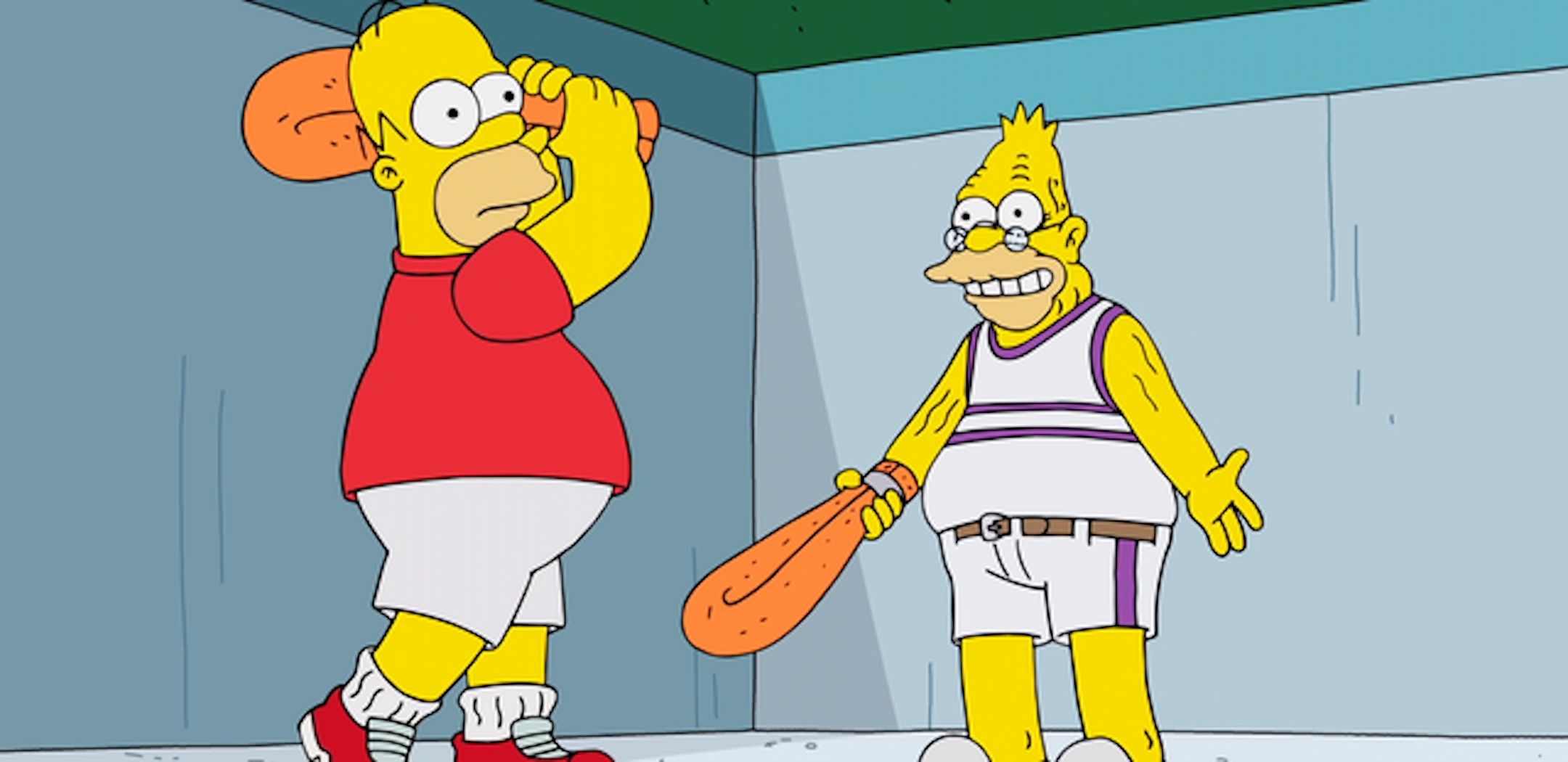 Homer and Grampa play noodleball in empty pool from The Simpsons season 36 episode 17