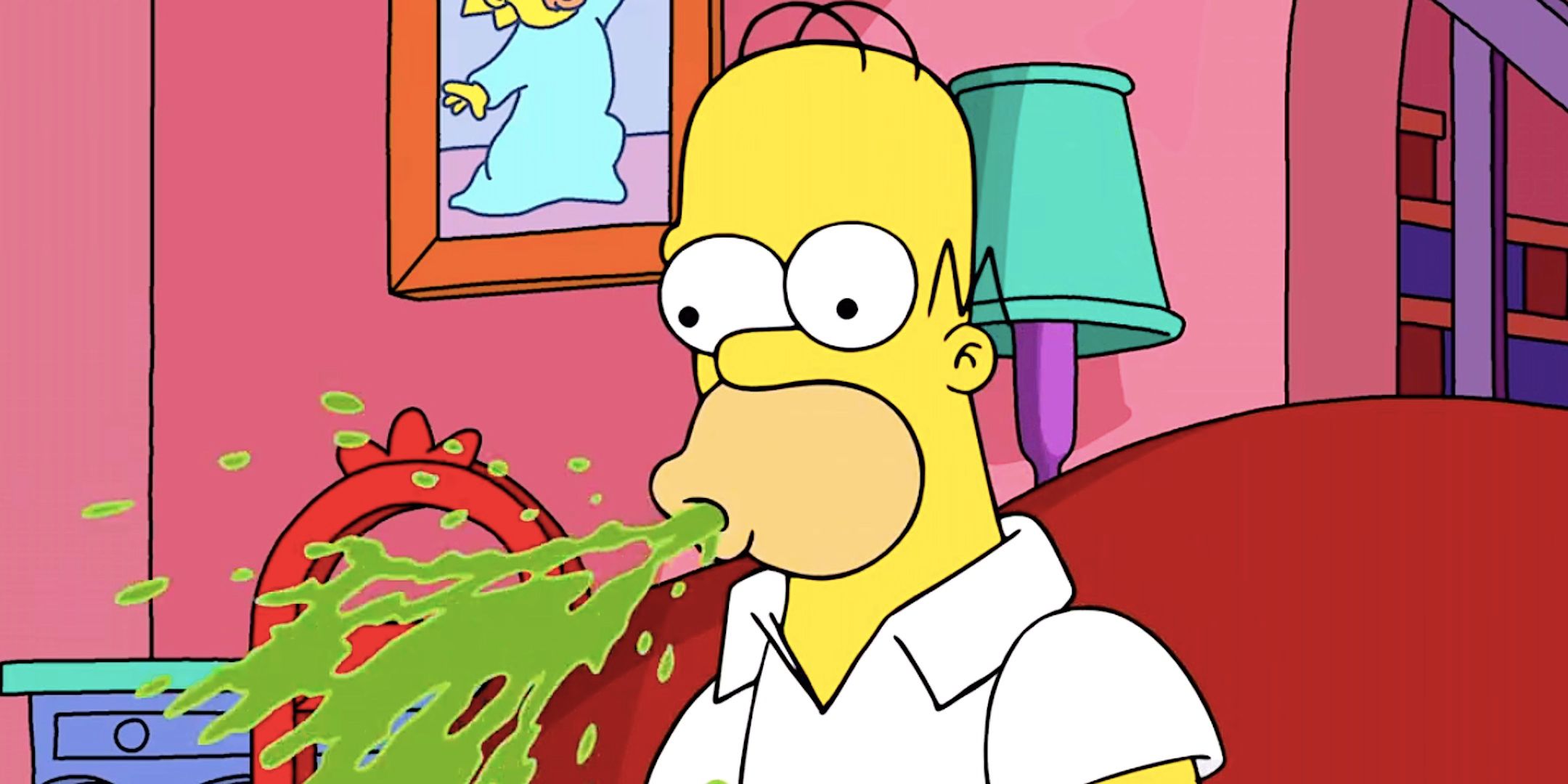 Homer spits guacamole out while sitting on the couch from The Simpsons season 36 episode 17