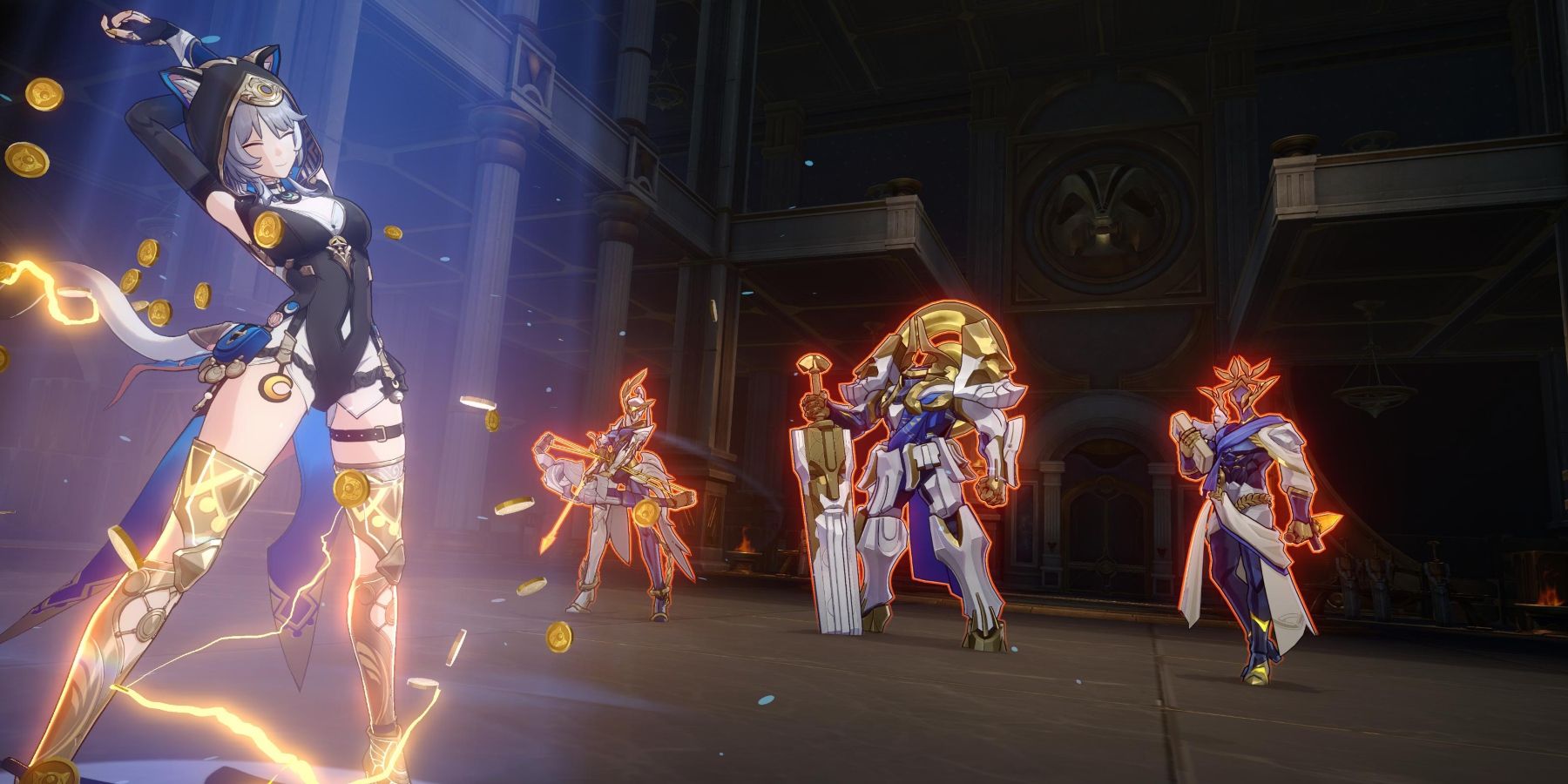 Honkai Star Rail's Cipher is in combat with Titankin enemies.