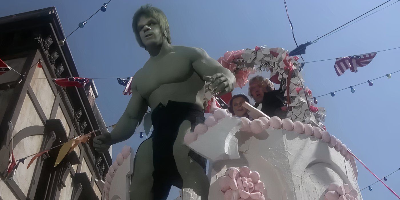 hulk emerges from a cake float in The Incredible Hulk