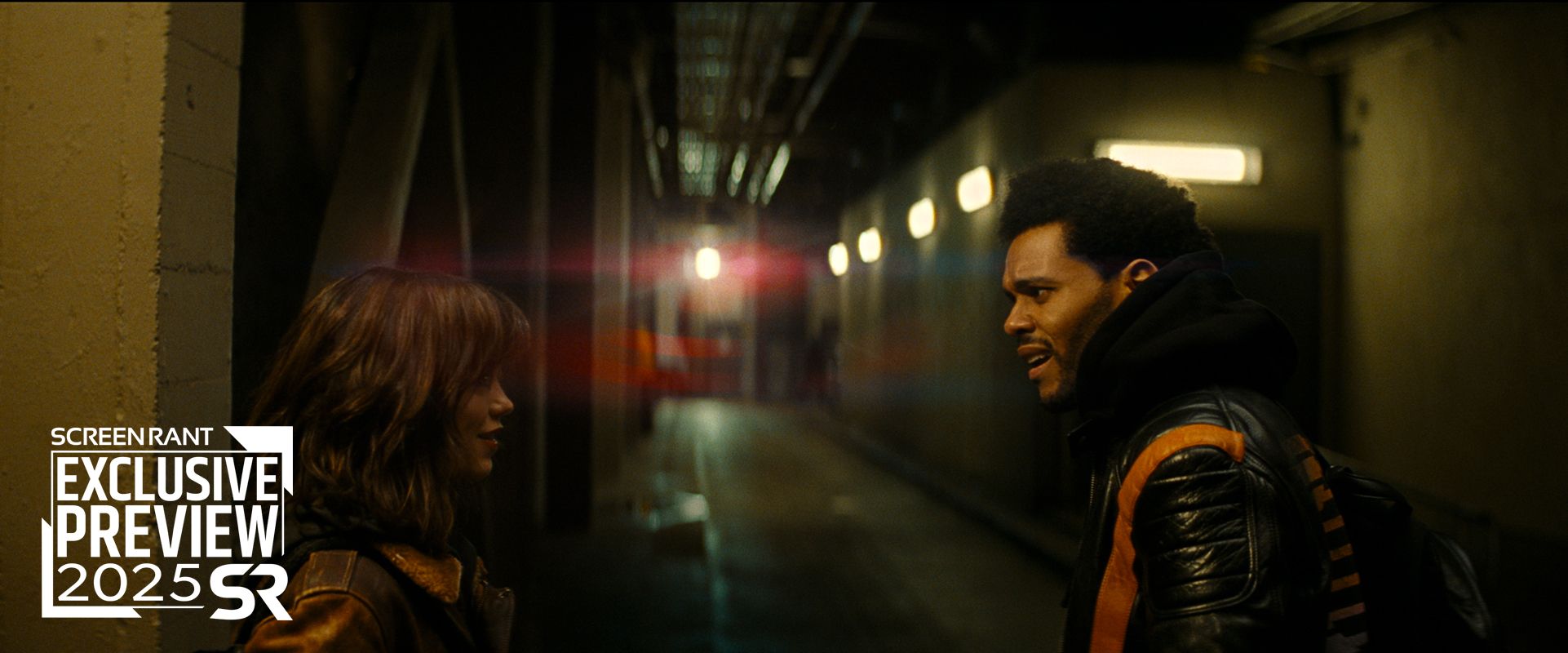Jenna Ortega and the Weeknd looking at each other in Hurry Up Tomorrow Movie Still ScreenRant Exclusive 