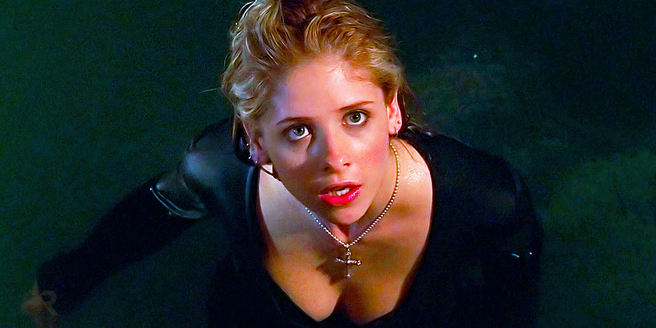 Sarah Michelle Gellar as Buffy in the Buffy episode Go Fish, looking up from the pool