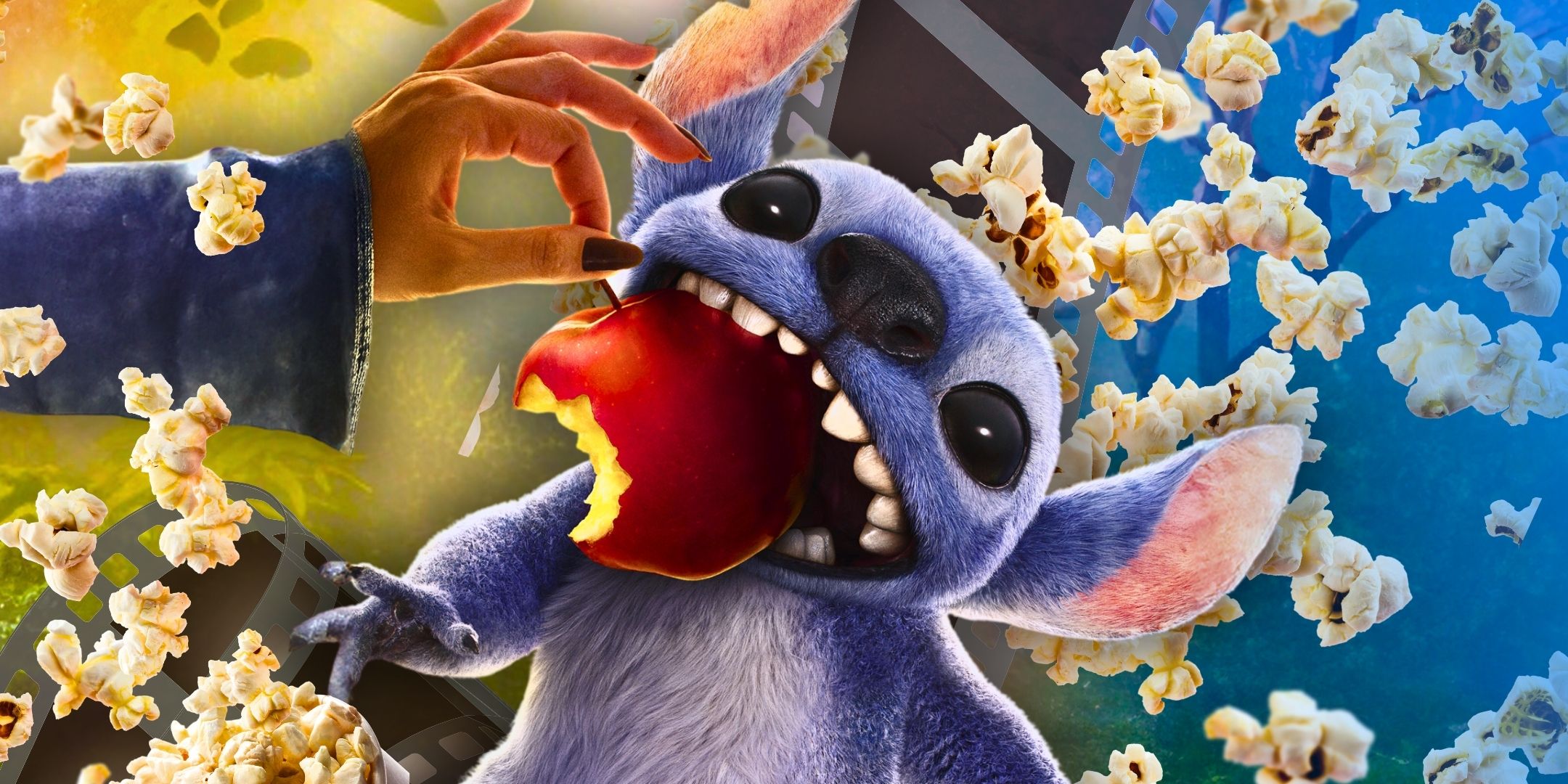 Stitch taking a bite of an apple like he&rsquo;s Snow White