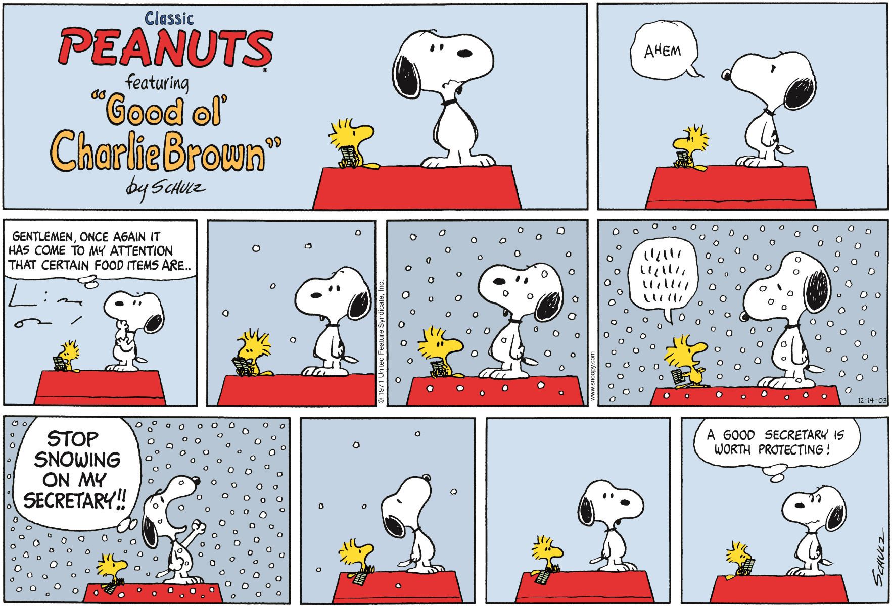 Amendoins, bisbeirinhos gritando na neve para Woodstock.