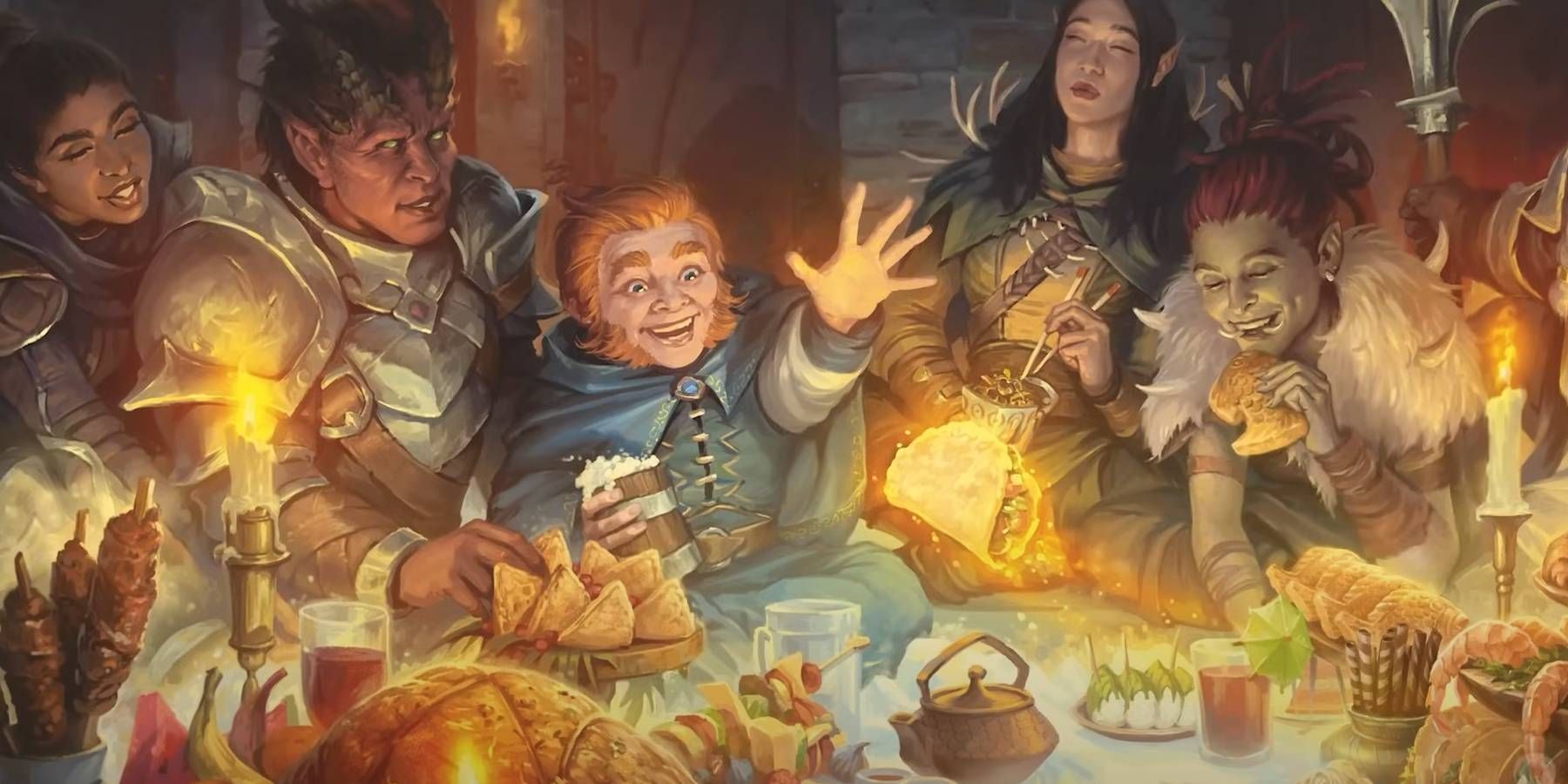 Dungeons and Dragons party of characters gathering around for a feast
