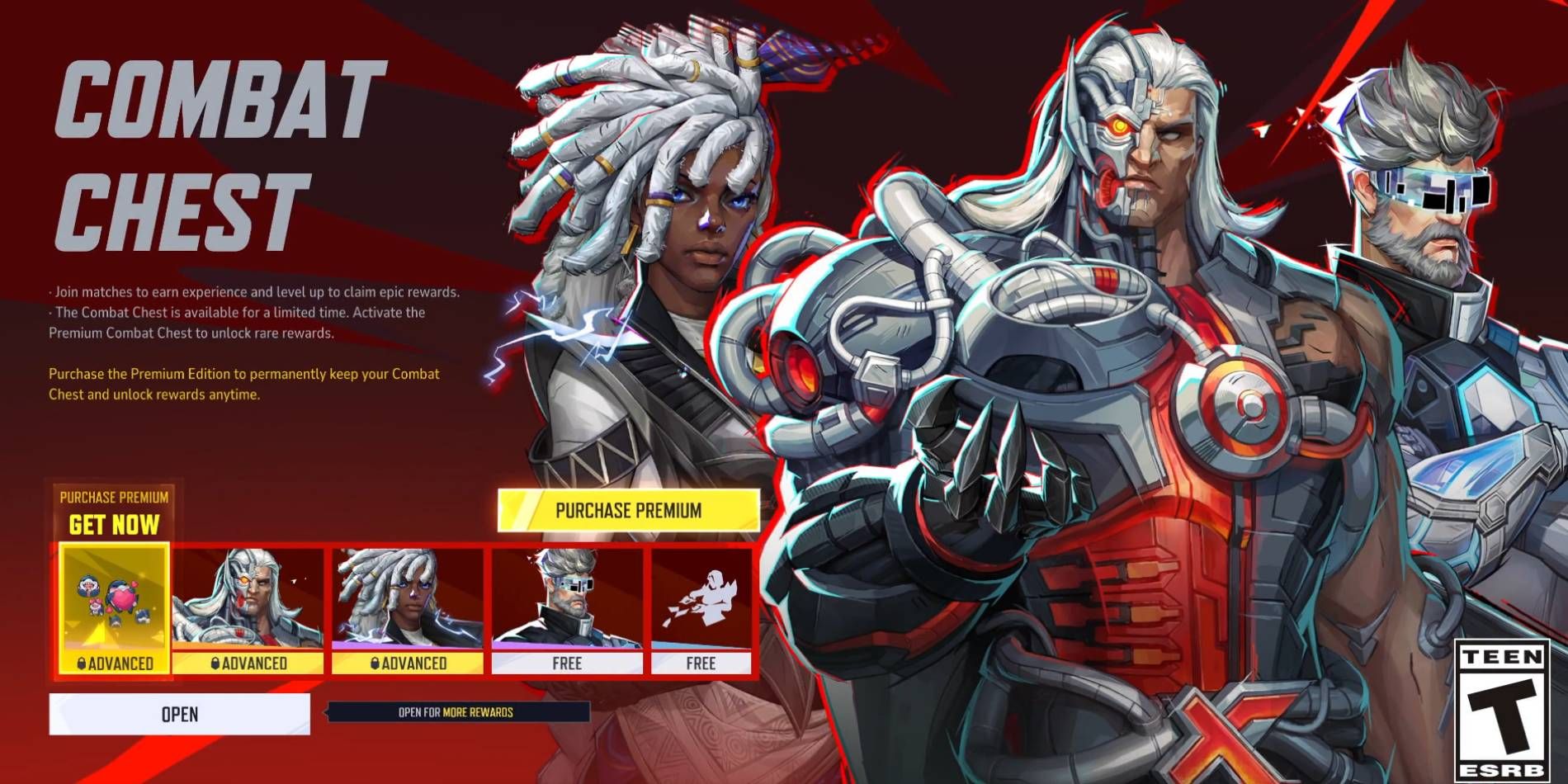 Marvel Rivals Combat Chest overview with new cosmetic rewards for Storm, Magneto, and Mr. Fantastic