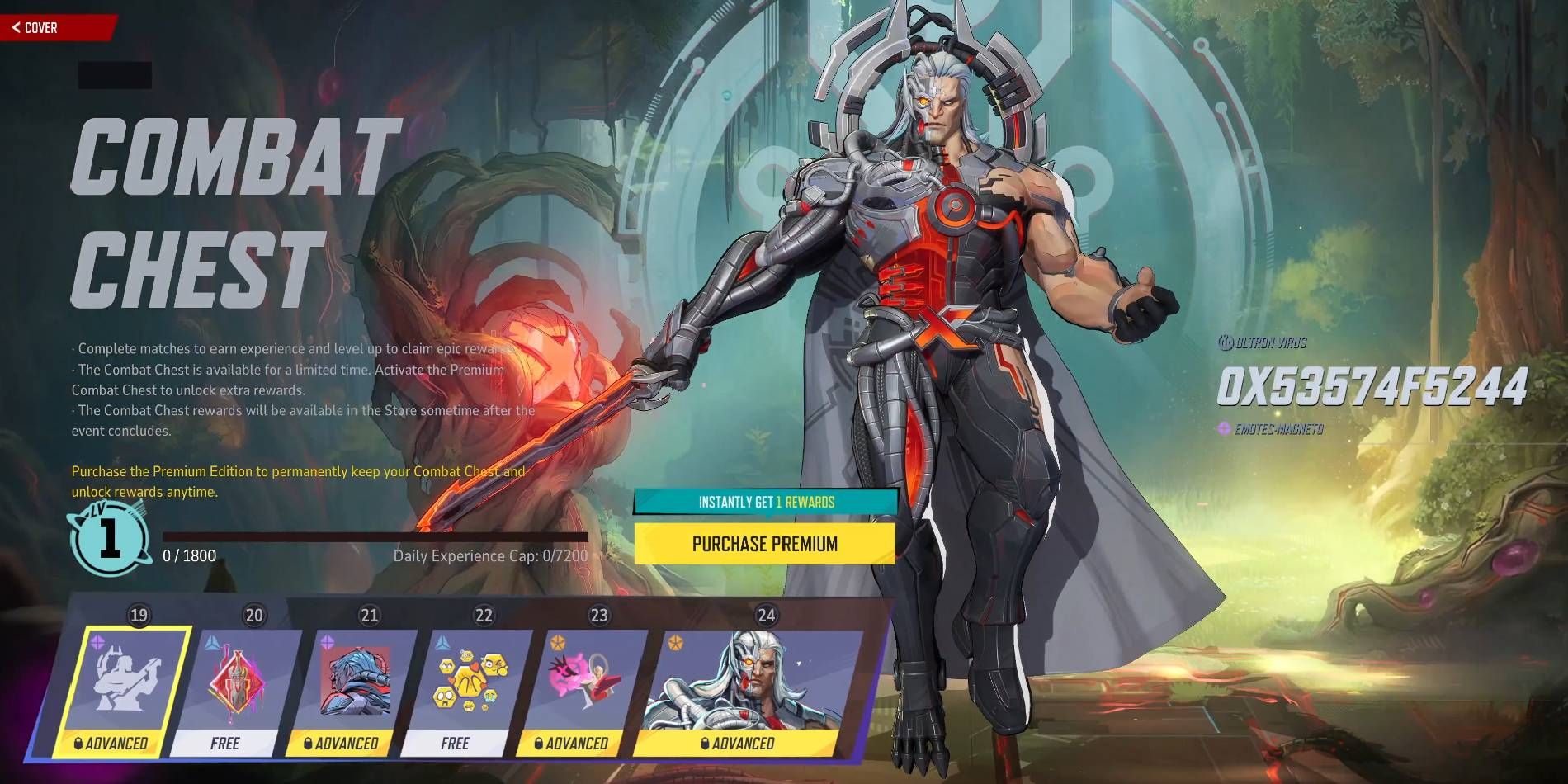 Marvel Rivals Combat Chest reward page with Binary Sword Magneto legendary skin and collection Level