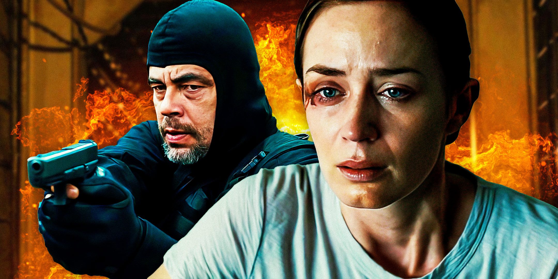 A montage image with Emily Blunt as Kate Macer and Benicio del Toro as Alejandro Gillick with a gun in Sicario.
