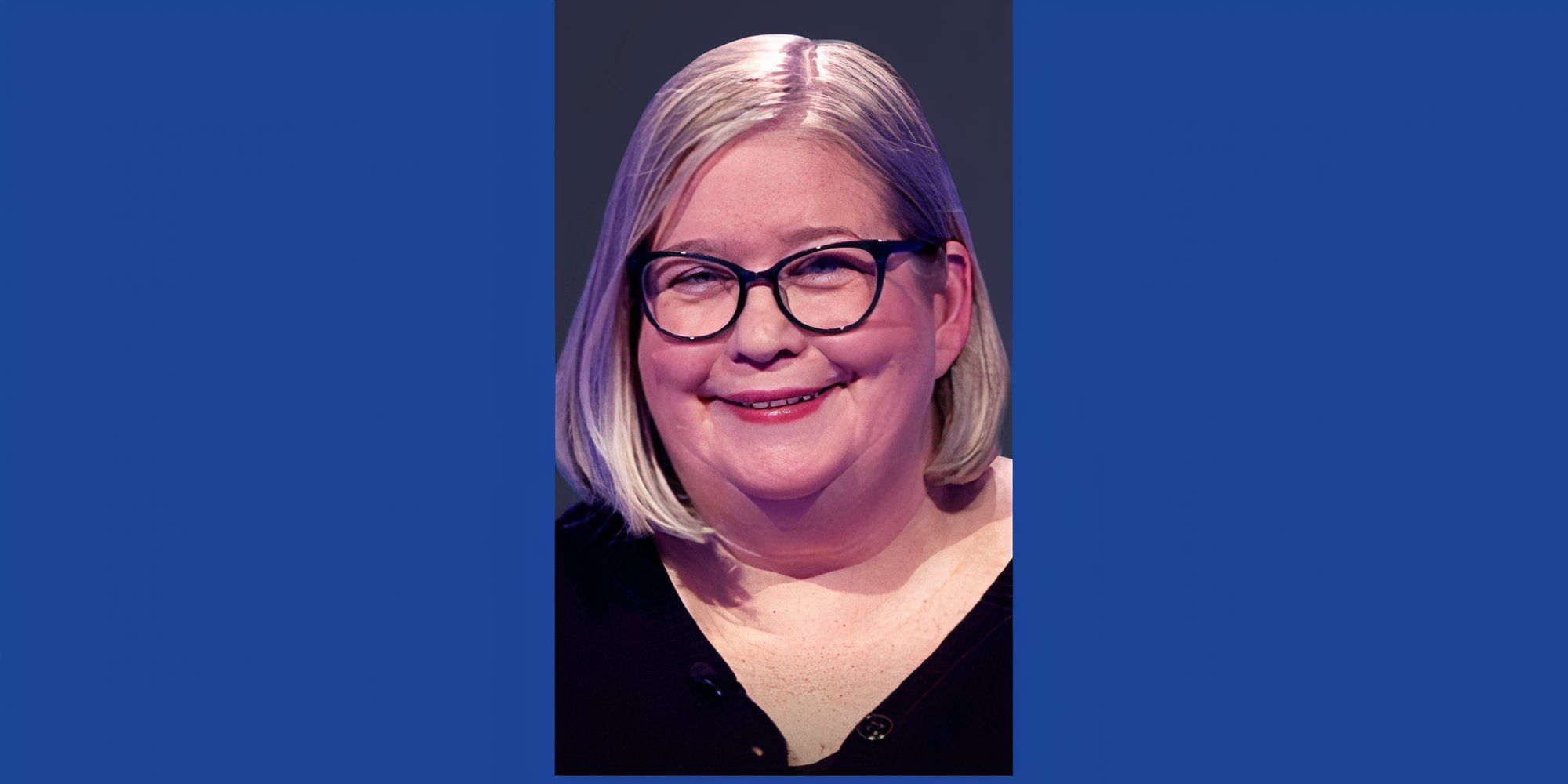 Jeopardy Contestant Alice Welch Promotional Photo With Blue Background