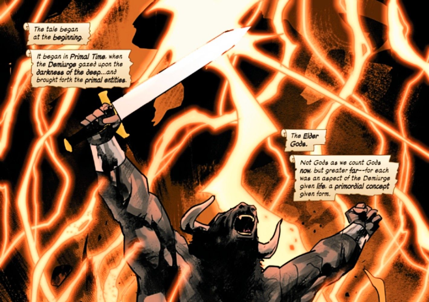 Immortal Thor #23, creatura mitica solleva armi verso un cielo infuocato dai fulmini