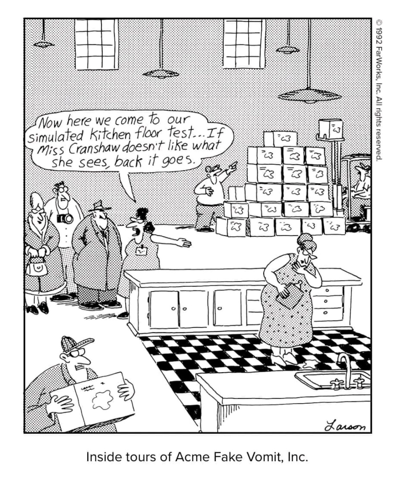 Inside Tours of Acme Fake Vomit, Inc. the far side comic strip