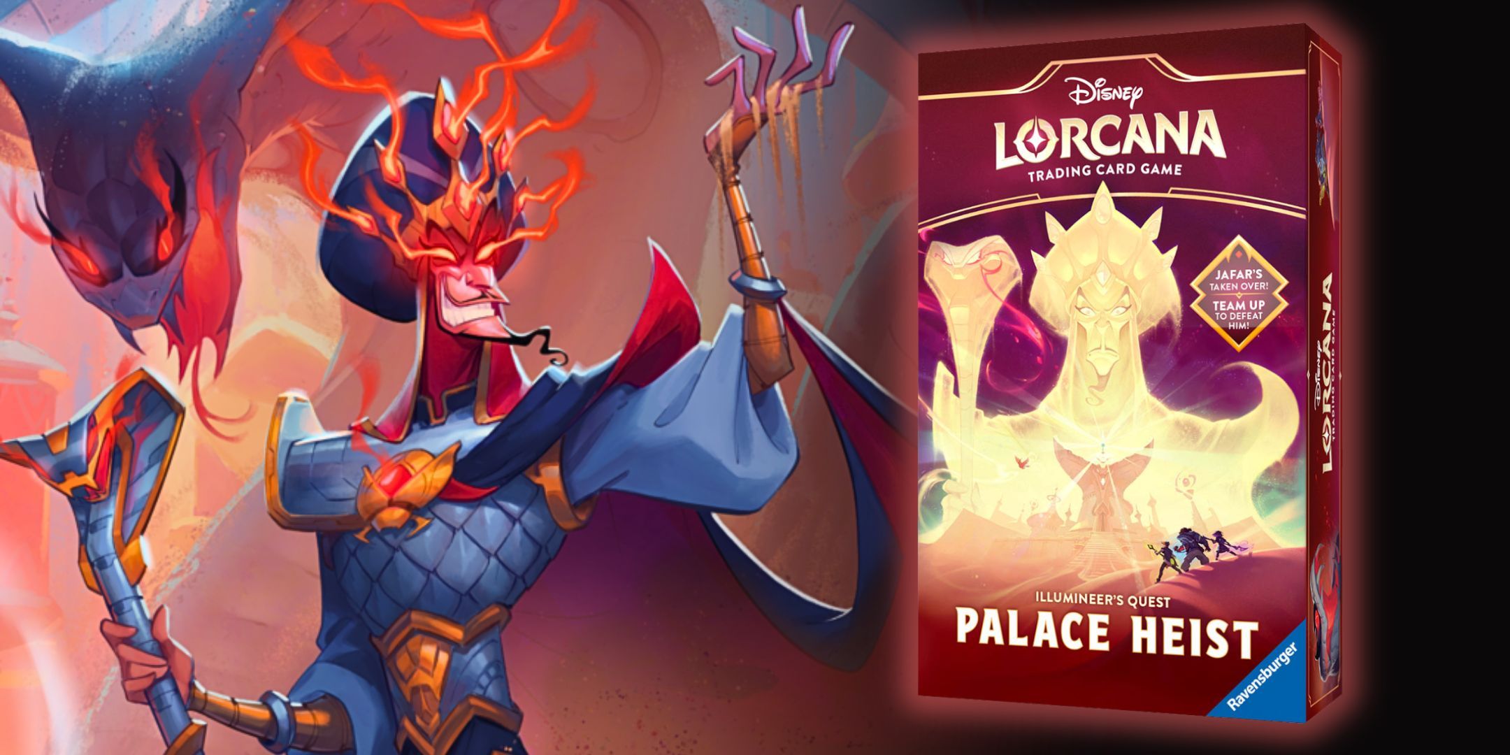 jafar-with-glowing-red-eyes-next-to-the-box-for-disney-lorcana-illumineers-quest-palace-heist A Disney Lorcana revela o primeiro olhar para o novo conjunto de presentes de inspiração congelada e acessórios com lendário