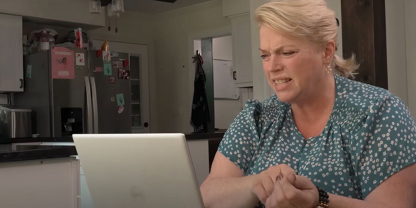 Sister Wives' Janelle Brown sitting before an open laptop