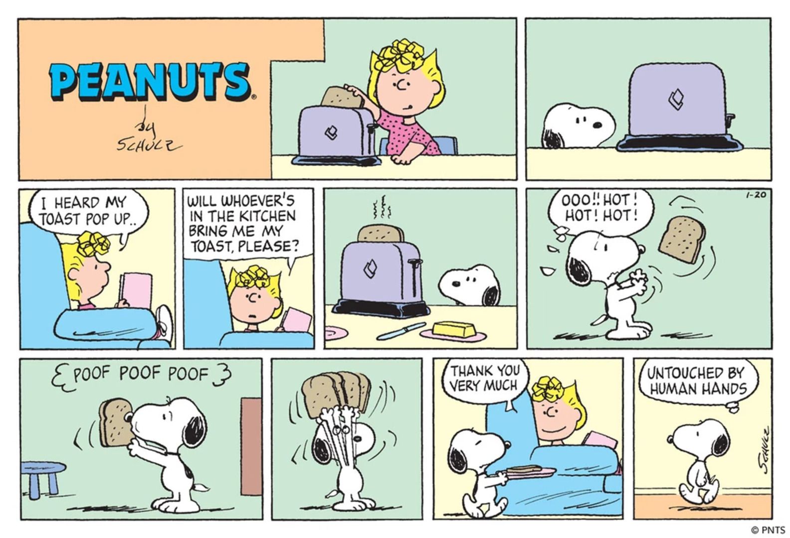 Amendoins, Snoopy recebendo a torrada de Sally para ela.