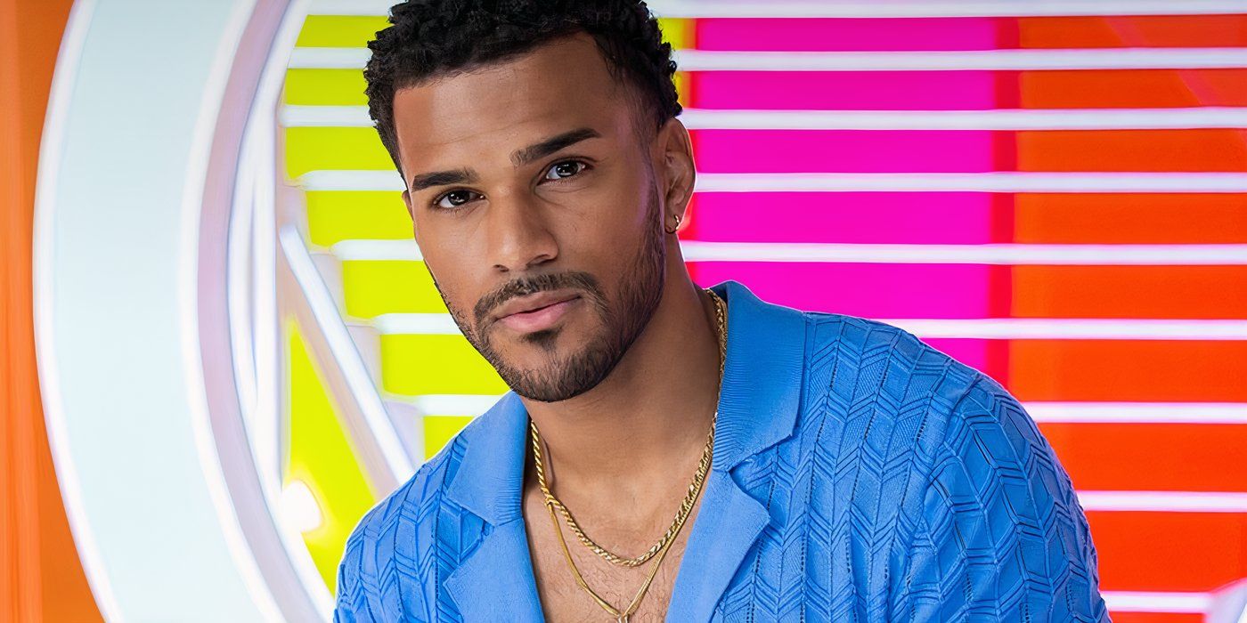 Jeremiah Brown from Love Island USA against a pink, yellow, and orange background.
