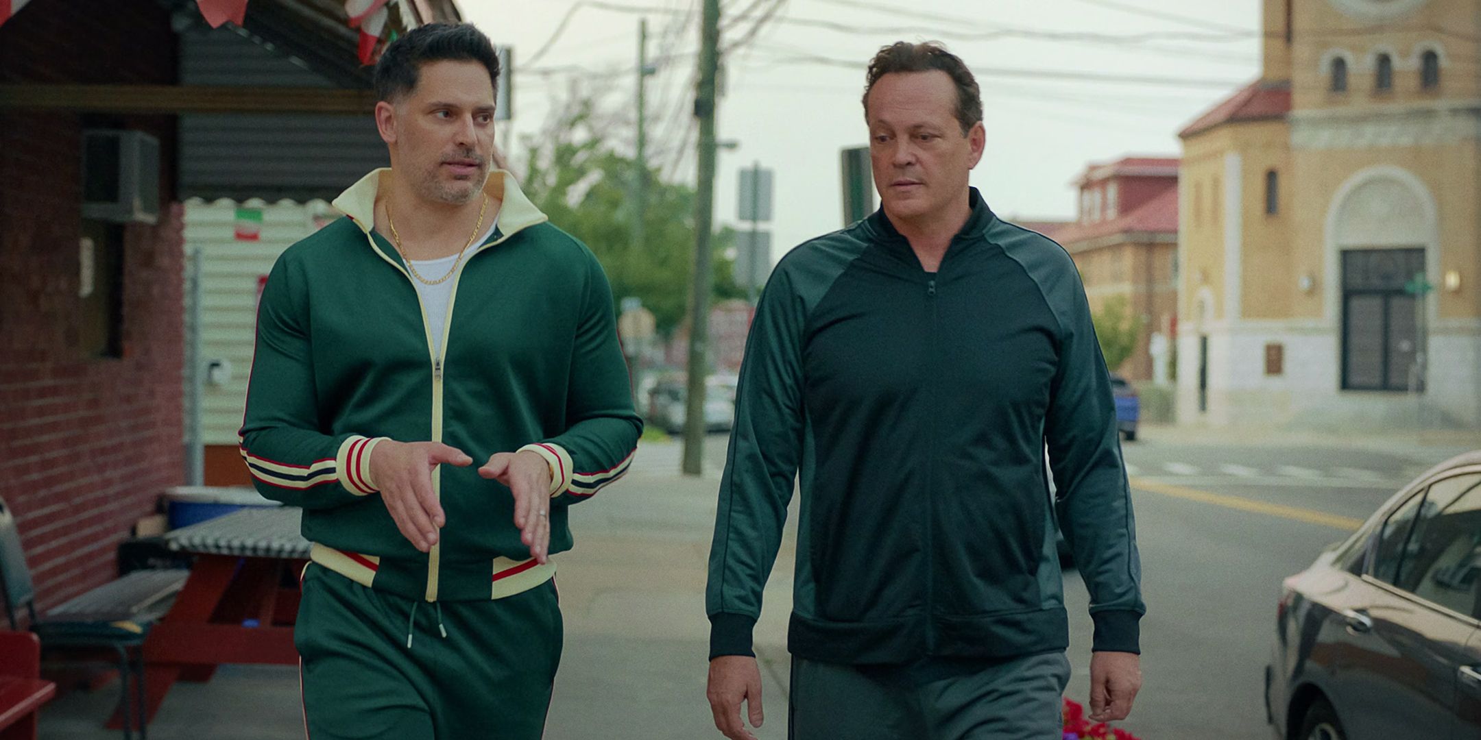 Joe Manganiello's Bruno and Vince Vaughn's Joe walking and talking in Nonnas