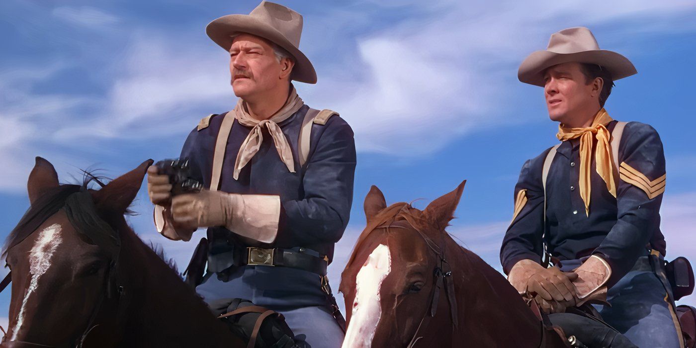 John Wayn and, Ben Johnson as Nathan Brittles and Sergeant Tyree on horses in She Wore A Yellow Ribbon