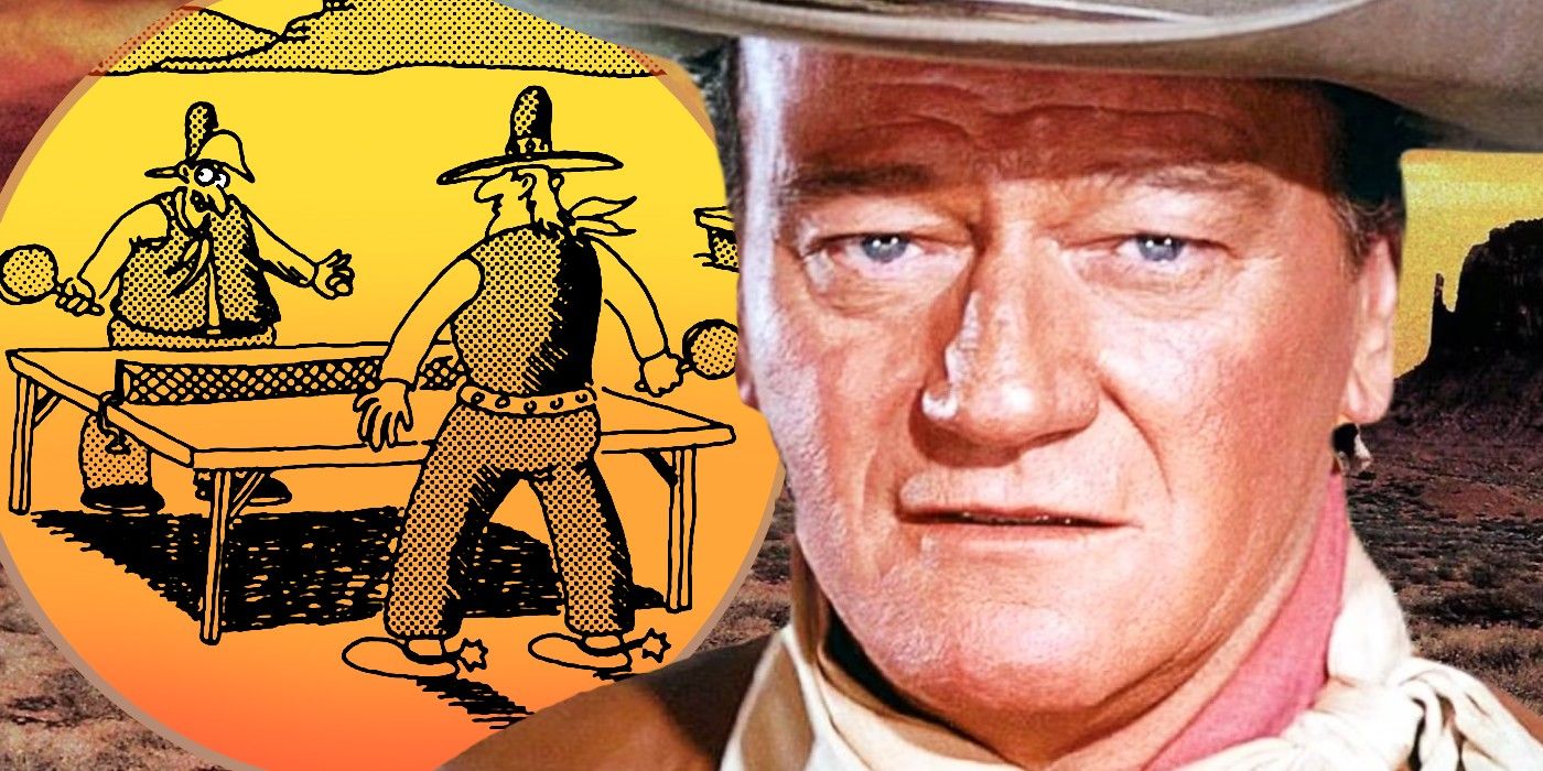 john wayne next to far side art of cowboys