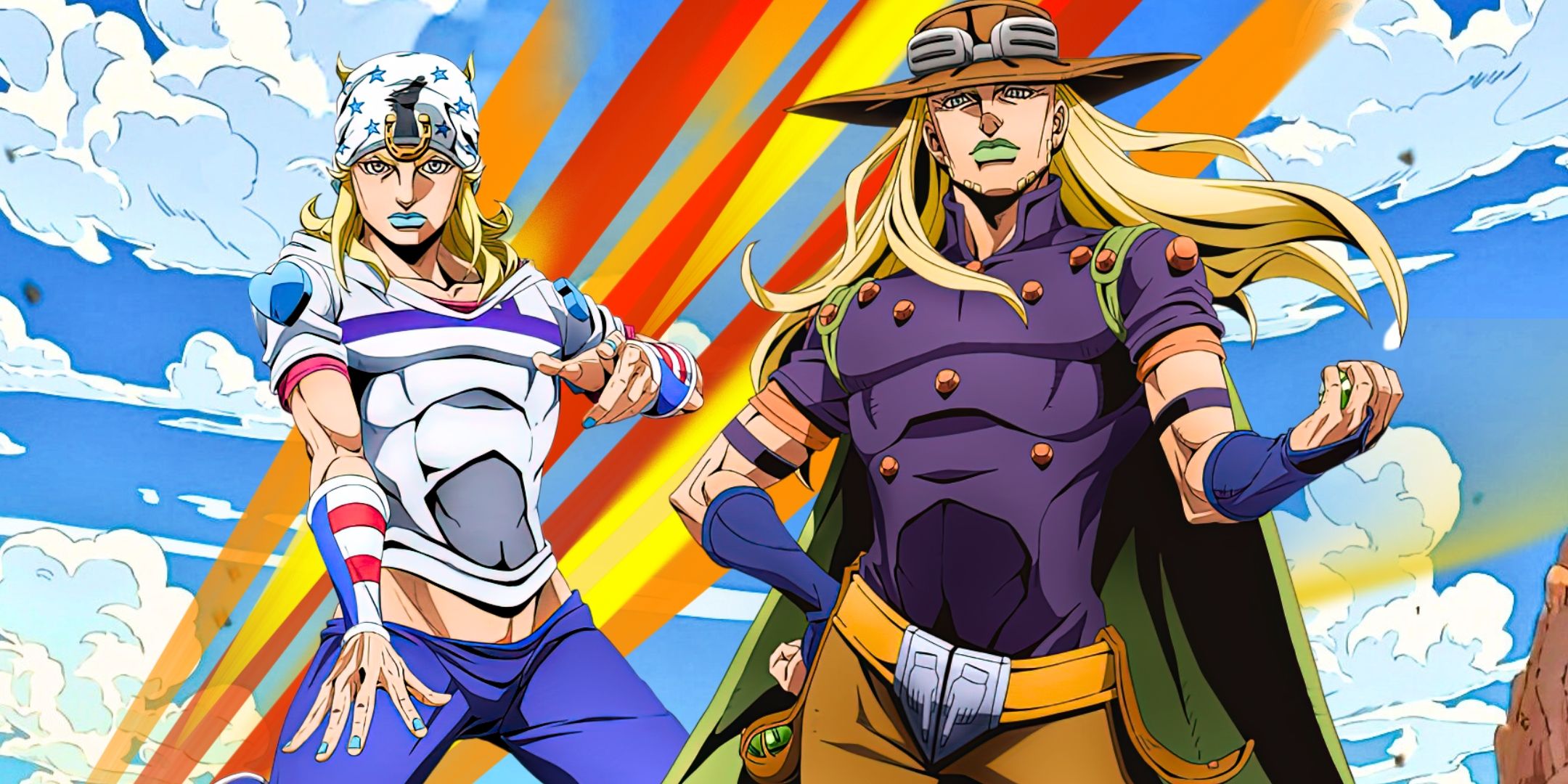 Image of Gyro Zeppeli and Johnny Joestar from Steel Ball Run in front of a rainbow of light.