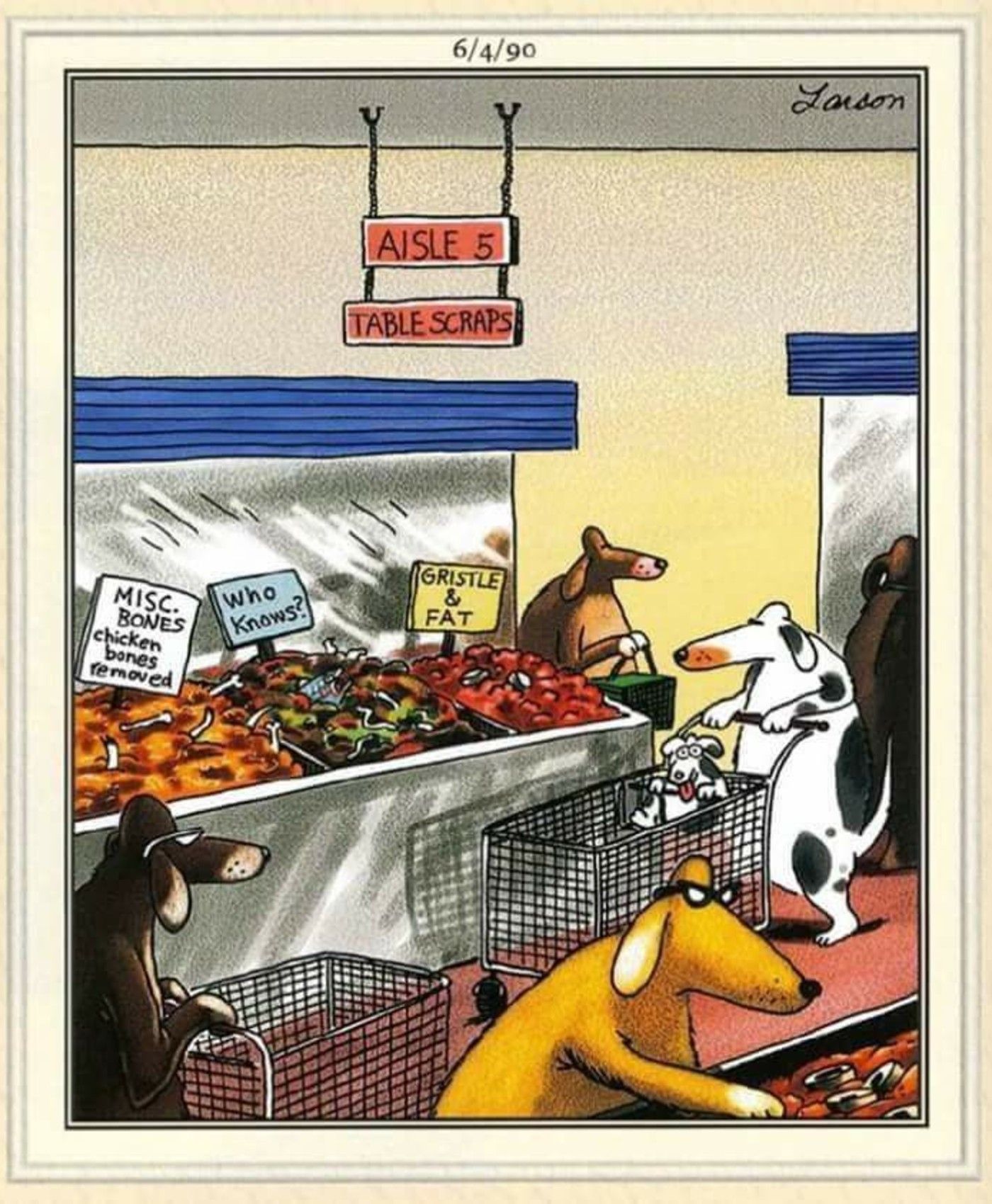 4 de junio de 1990 The Far Side Comic Dogs Compras de comestibles para restos de mesa