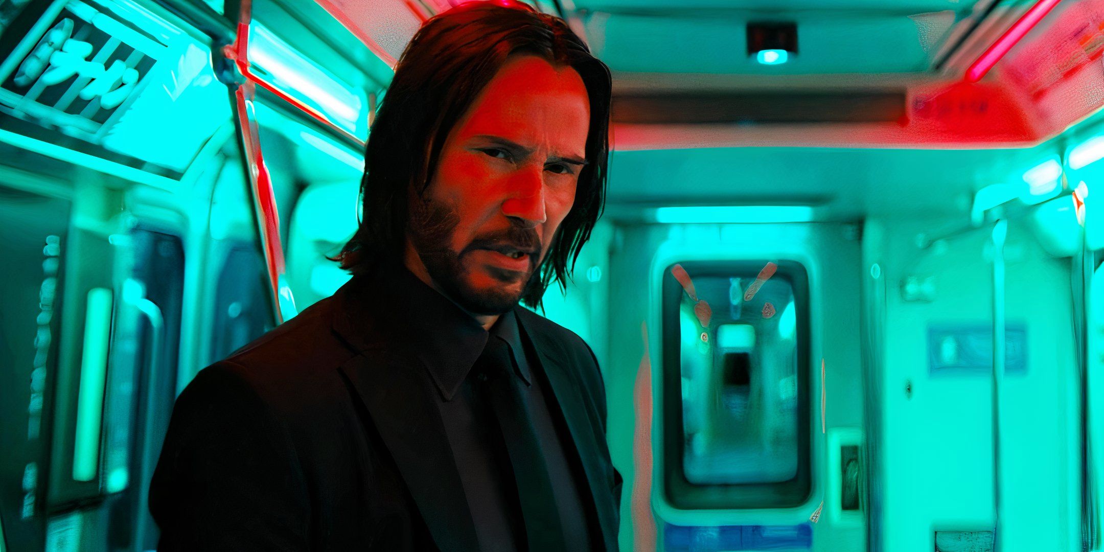 Keanu Reeves as John Wick on a subway car in John Wick_ Chapter 4