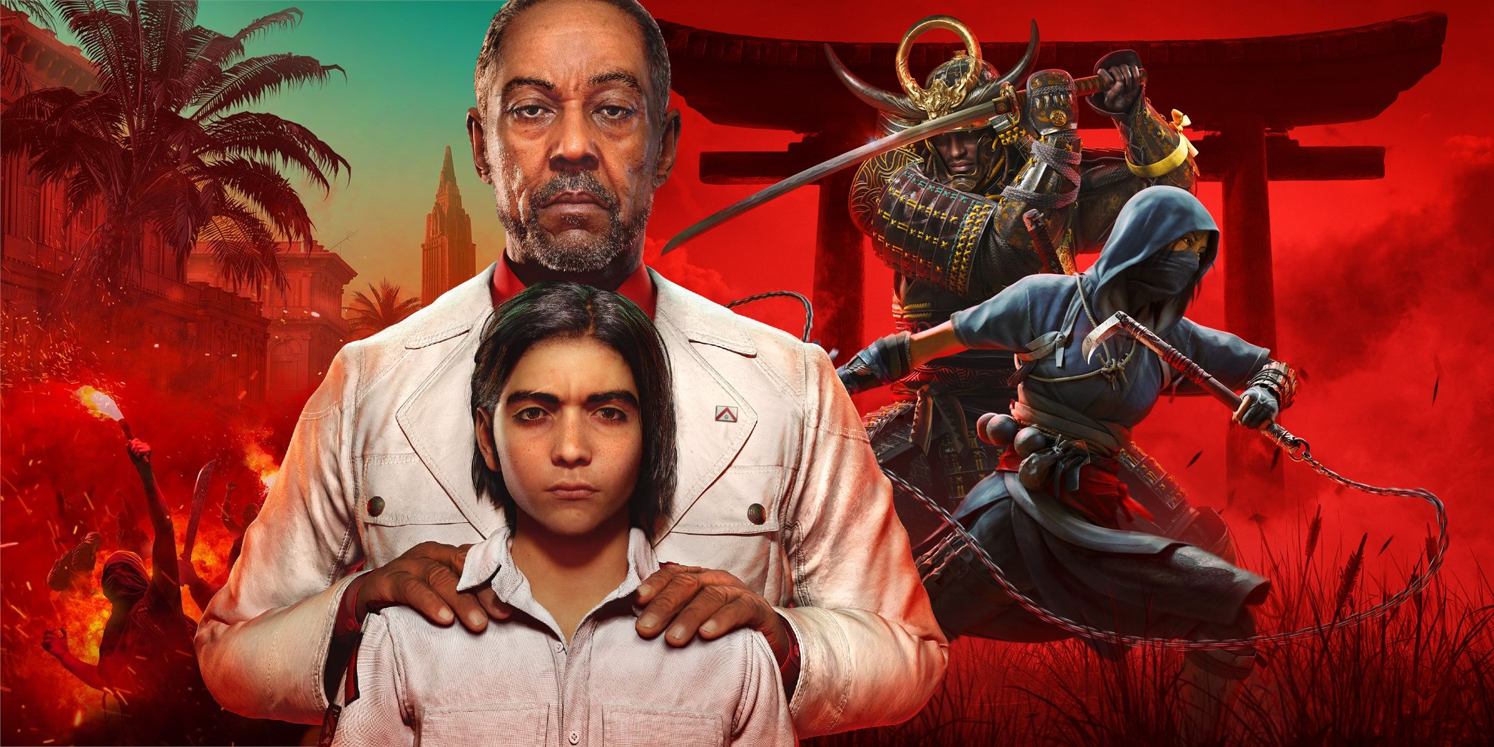 Key art and characters from Fary Cry 6 and Assassin's Creed Shadows.