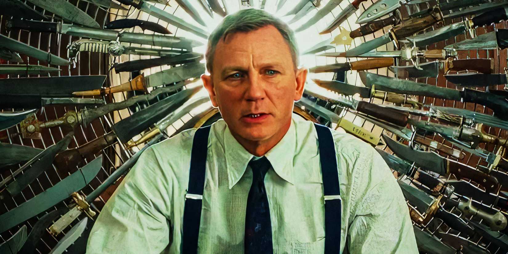 Benoit Blanc is staring while surrounded by knives in Knives Out