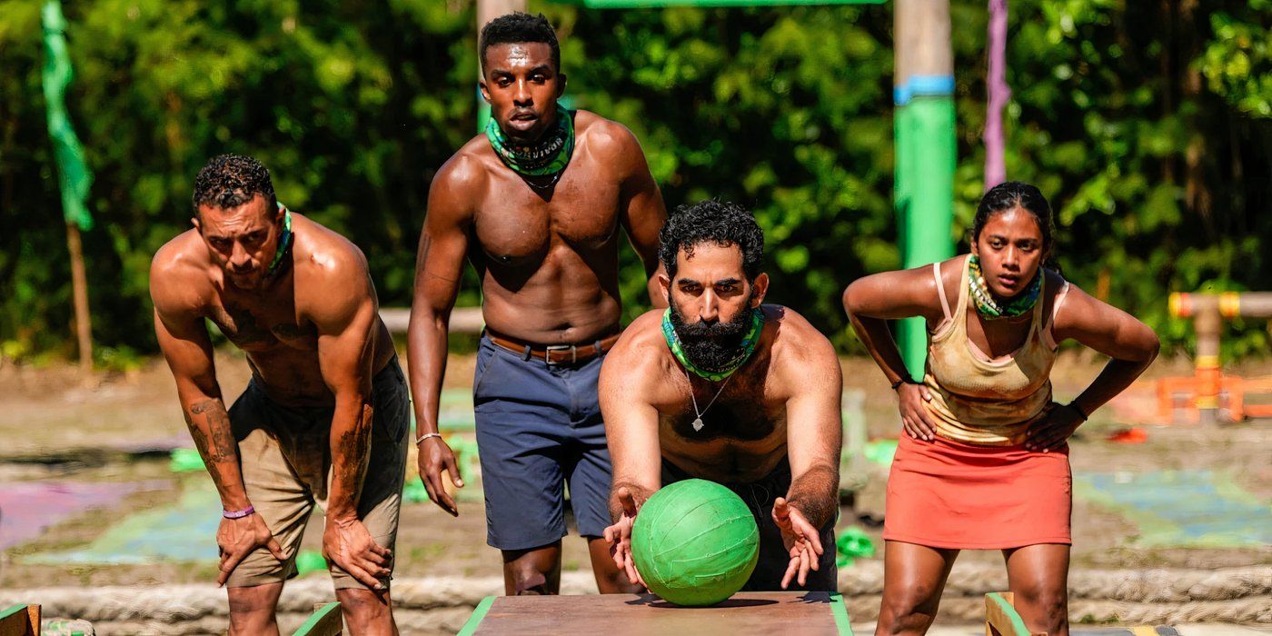 Kyle Fraser and the rest of the Vula tribe in a challenge on Survivor 48.