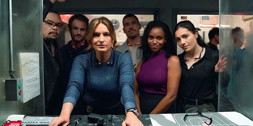 The Law & Order SVU cast at a gun range all staring at the camera
