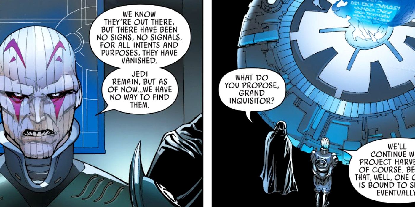 Darth Vader and the Grand Inquisitor look at a list of Jedi survivors in Star Wars: Darth Vader (2017) #19.